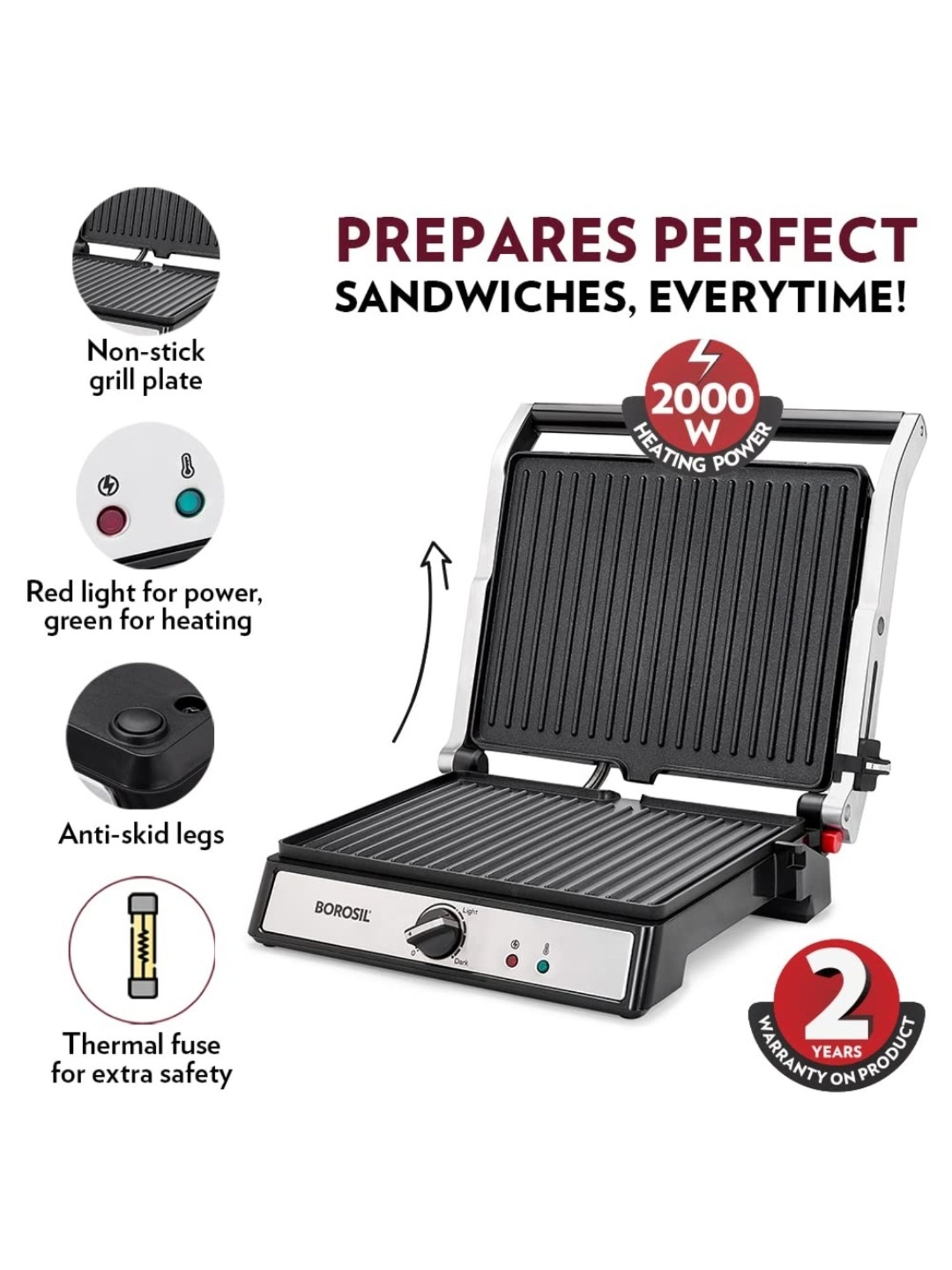 Borosil Sandwich Maker 2000W with Non stick coating (Black)