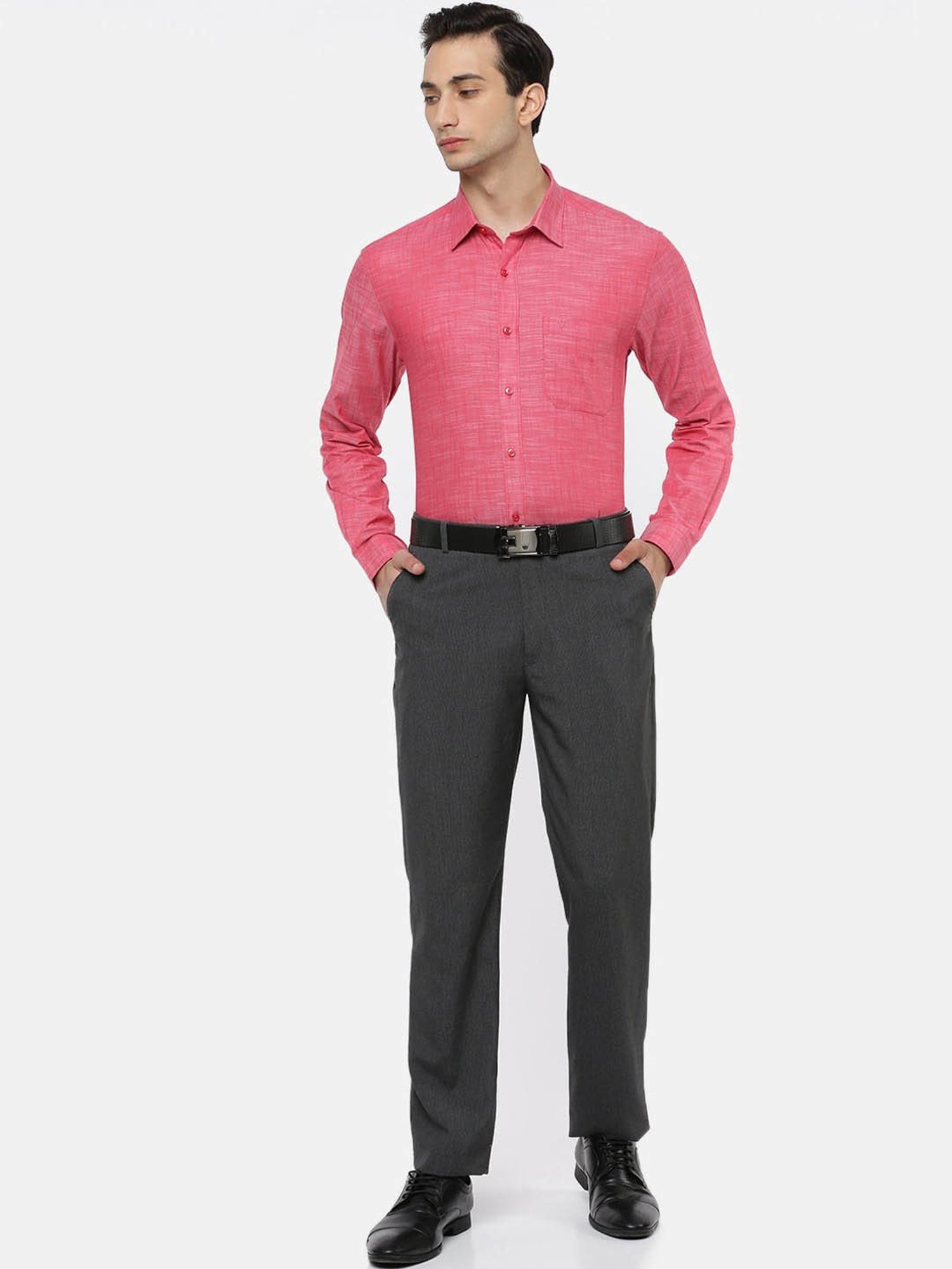 Ramraj Mid Red Cotton Slim Fit Self Pattern Shirt