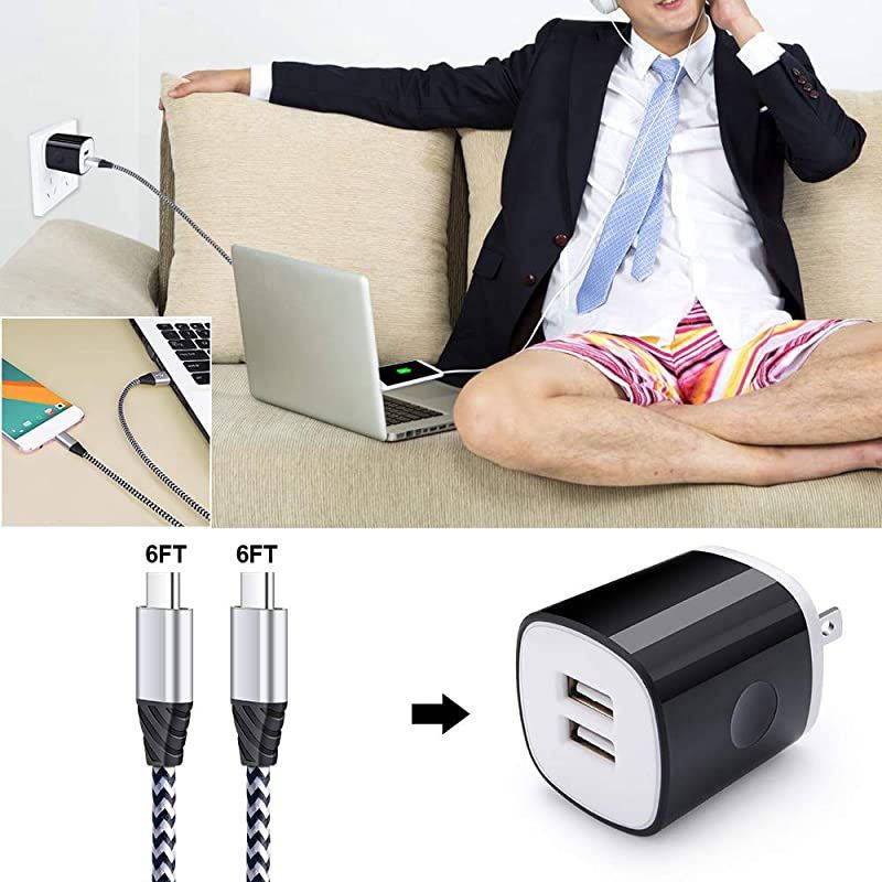 USB Wall Charger with USB C Cable, Type C Charger Cord 2 Pack Fast Charging Compatible for Compatible for LG G7 G8 G8X G8s ThinQ Stylo 5 4, Samsung Galaxy A10E S10 10E Note 10