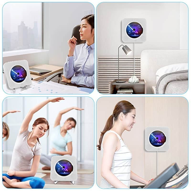 Portable CD Player Bluetooth Wall Mountable CD Music Player Home Audio Boombox with Remote Control FM Radio Builtin HiFi Speakers MP3 Headphone Jack AUX Input Output White