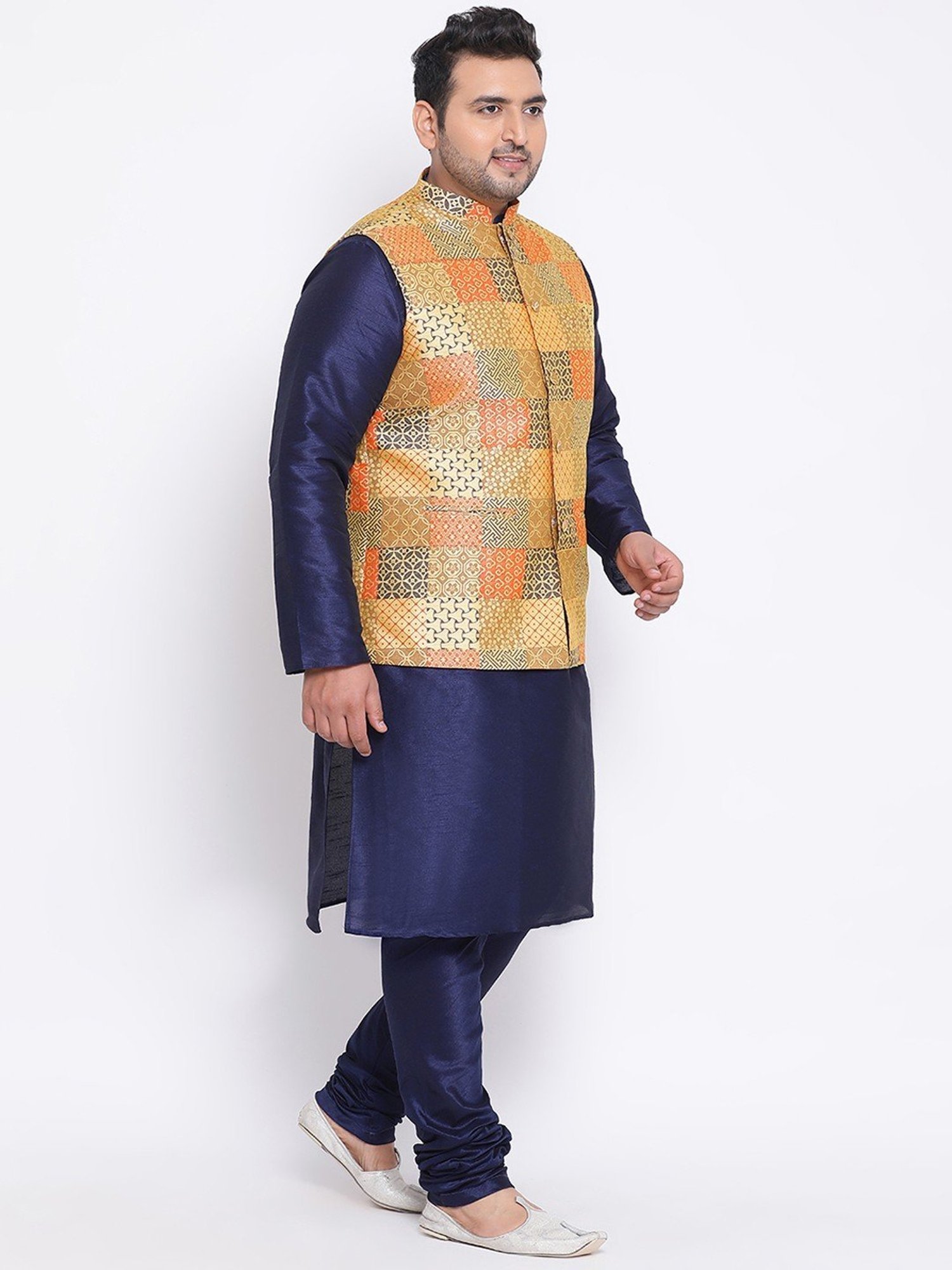 KISAH PLUS Yellow & Navy Regular Fit Printed Kurta Set With Jacket