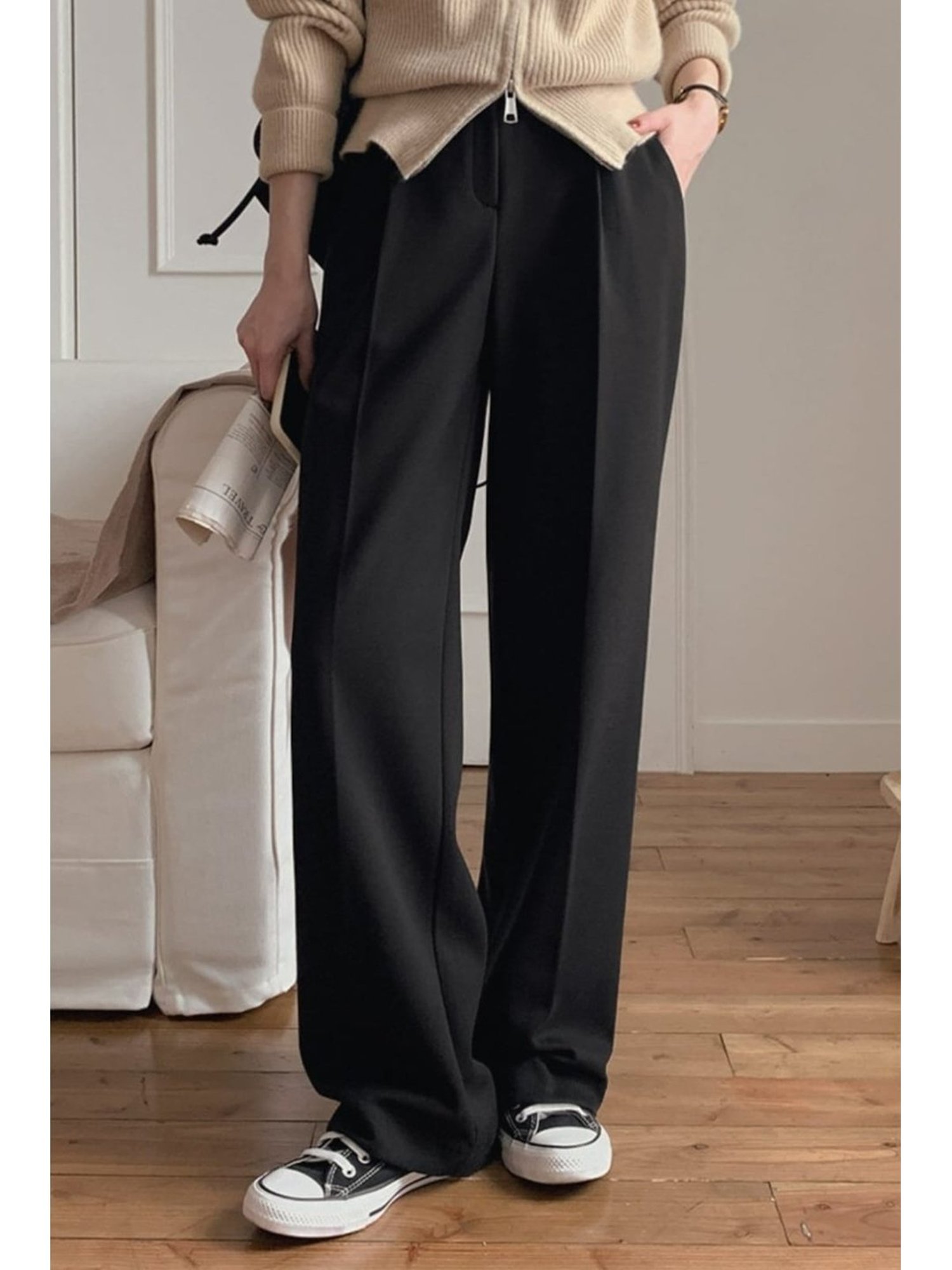 Broadstar Black Straight Fit High Rise Stretchable Trousers