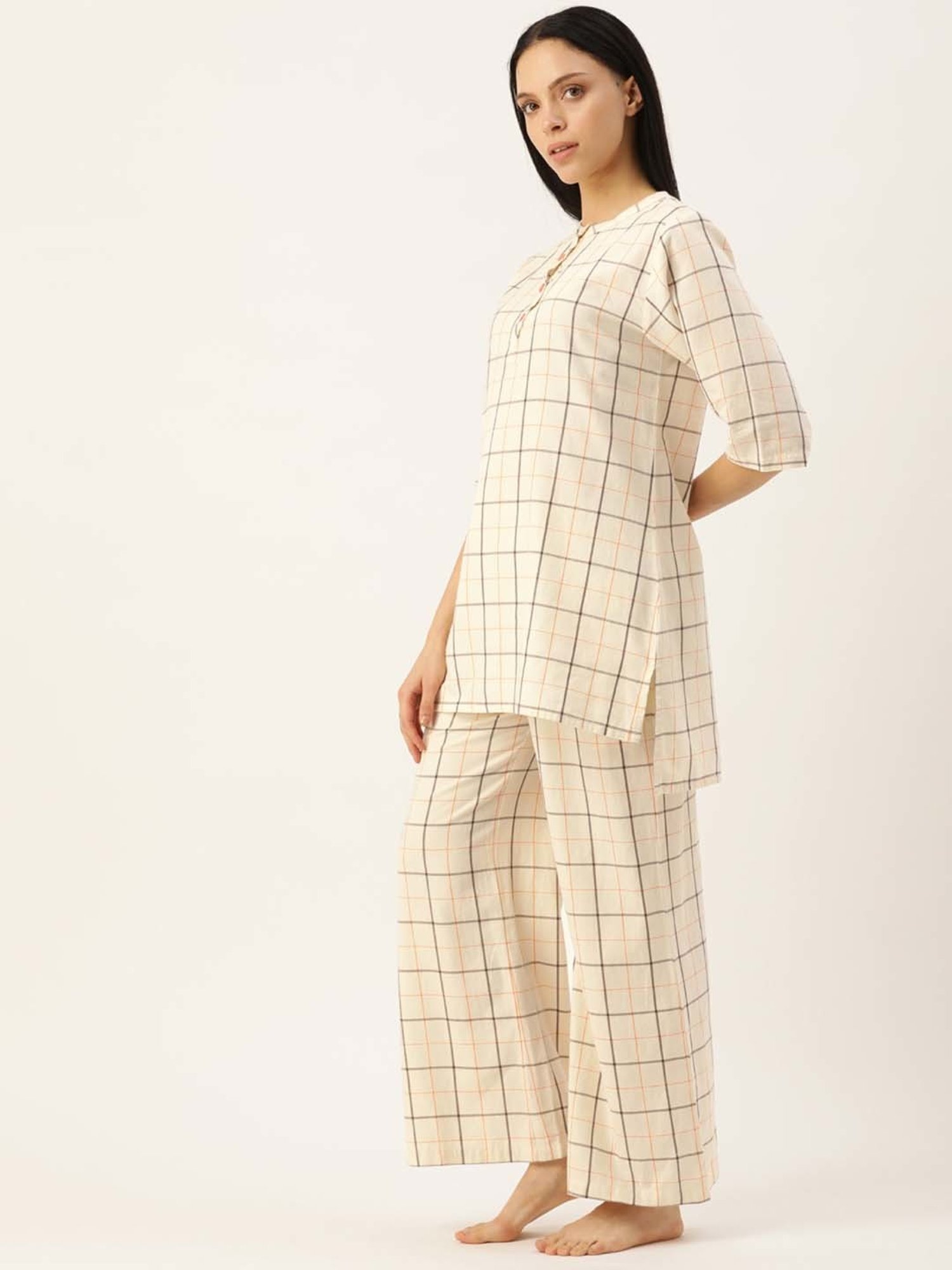 Clt.s Beige Cotton Chequered Kurti Palazzo Set