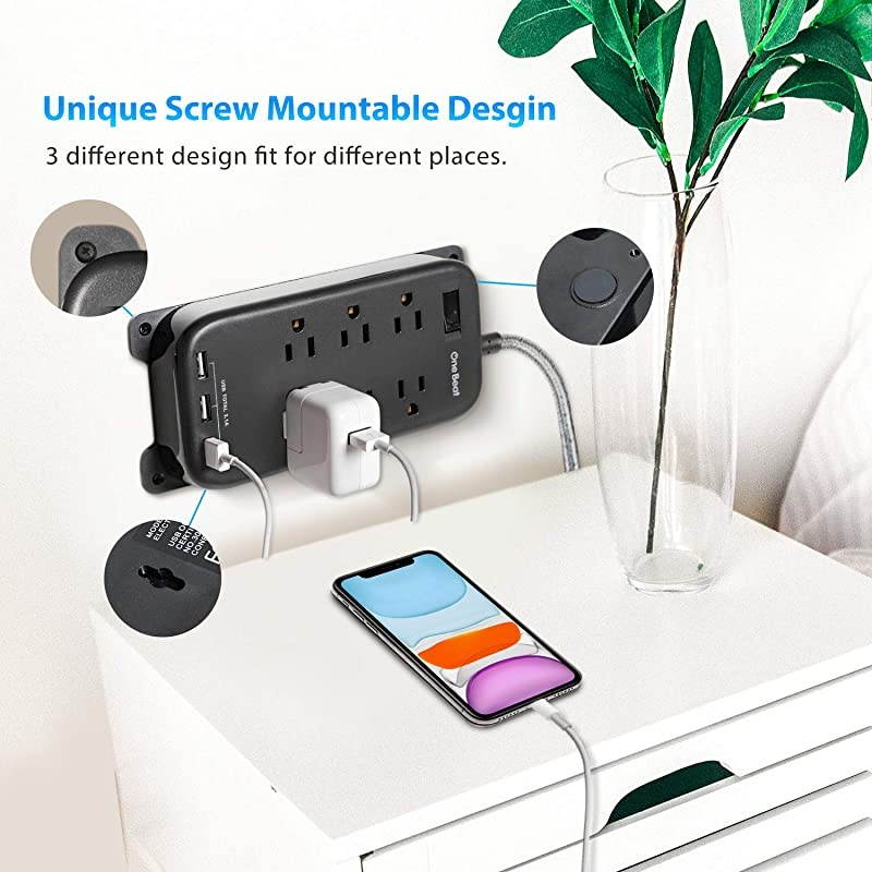 6 Outlets Power Strip with 3 USB (3.1A,15W),  Wall Mountable Power Strip Flat Plug with 6Ft Braided Extension Cord, Overload Protection for Travel Desk Office Home Cruise Ship