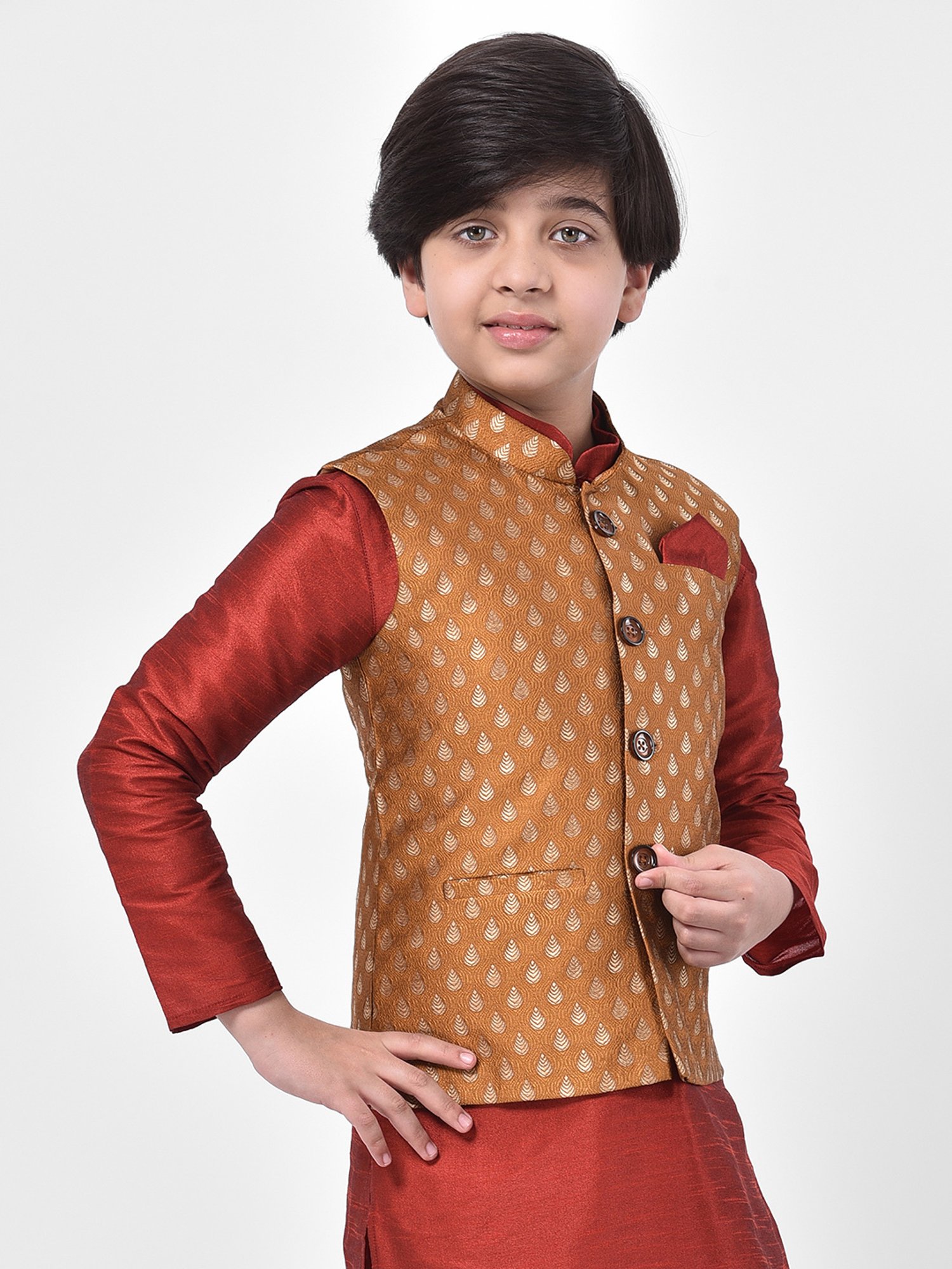 Deyann Kids Brown Embroidered Nehru Jacket