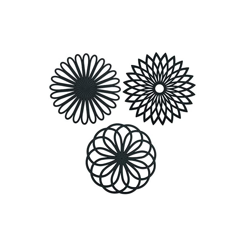 Silicone Trivets for hot dishes and Cookware，Flexible Carved trivets Mats for hot pots and pans - Durable Non Slip Coasters Set of 3 (Black)