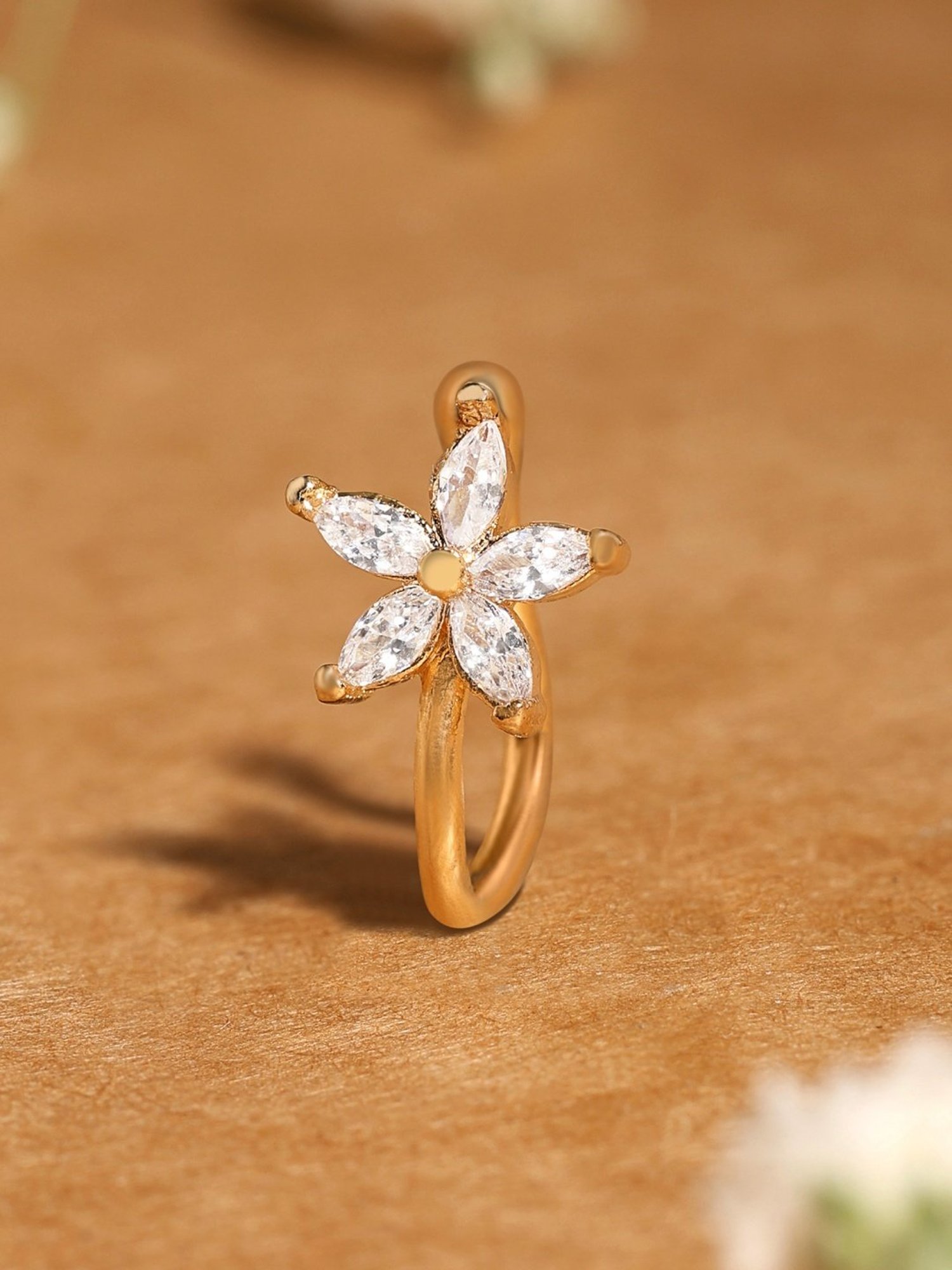 Zaveri Pearls Gold Tone Cubic Zirconia Flower Contemporary Brass Clip On Nose Pin-ZPFK17174