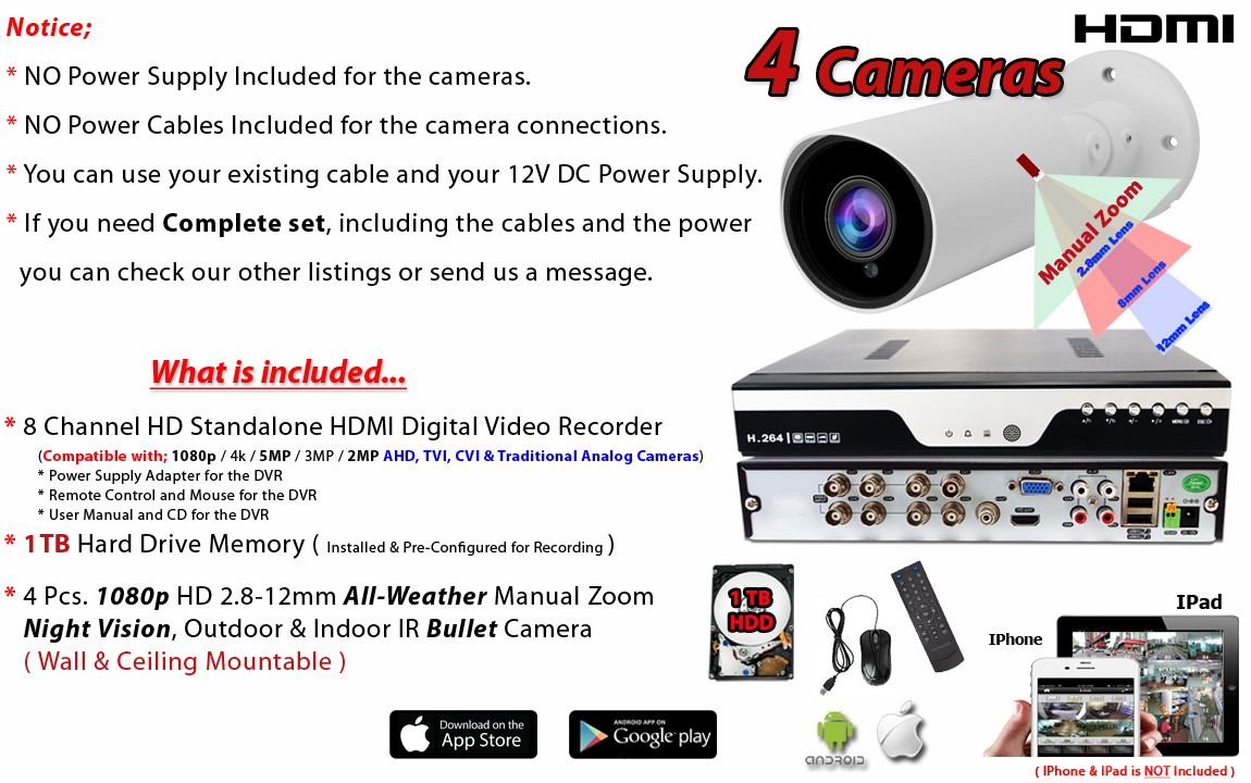 Evertech 8 Channel Surveillance System w/ 1TB Hard Drive recording storage and 4pcs. 1080p HD Indoor Outdoor Bullet Security Cameras