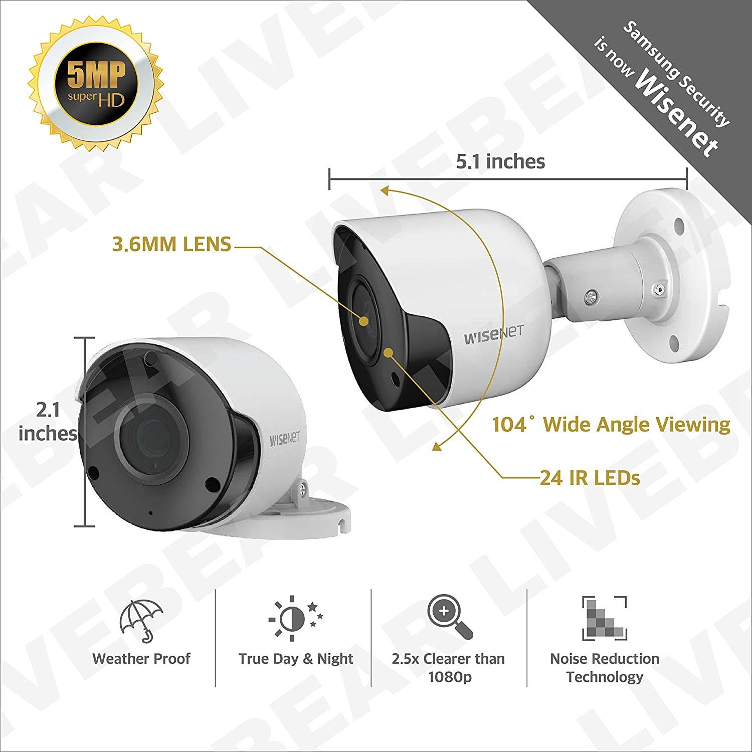 Wisenet SDC-89445BF 5MP CCTV Surveillance Weatherproof Bullet Security Camera 82ft IR Distance Plastic Housing 3.6mm Lens 104&deg; Wide Angle (Five Pack)