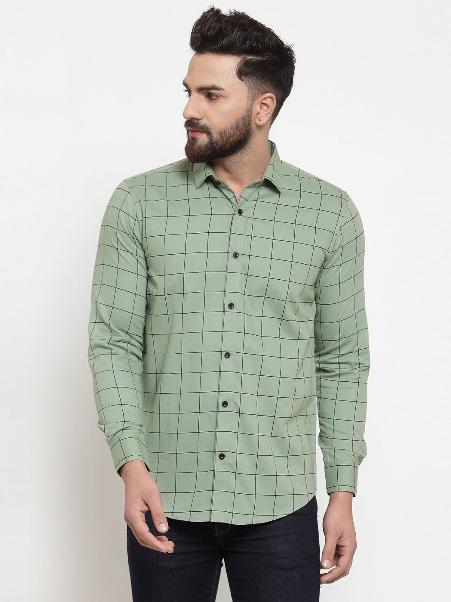 Jainish Pista Green Regular Fit Checks Shirt