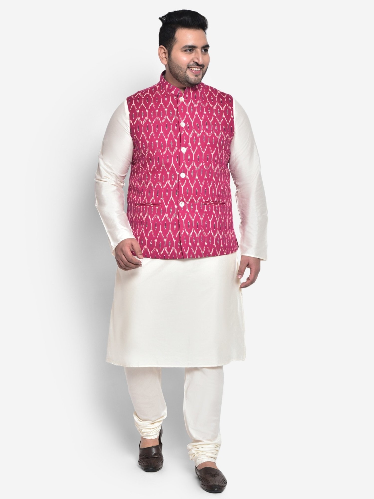 KISAH PLUS Pink & White Regular Fit Printed Kurta Set With Jacket
