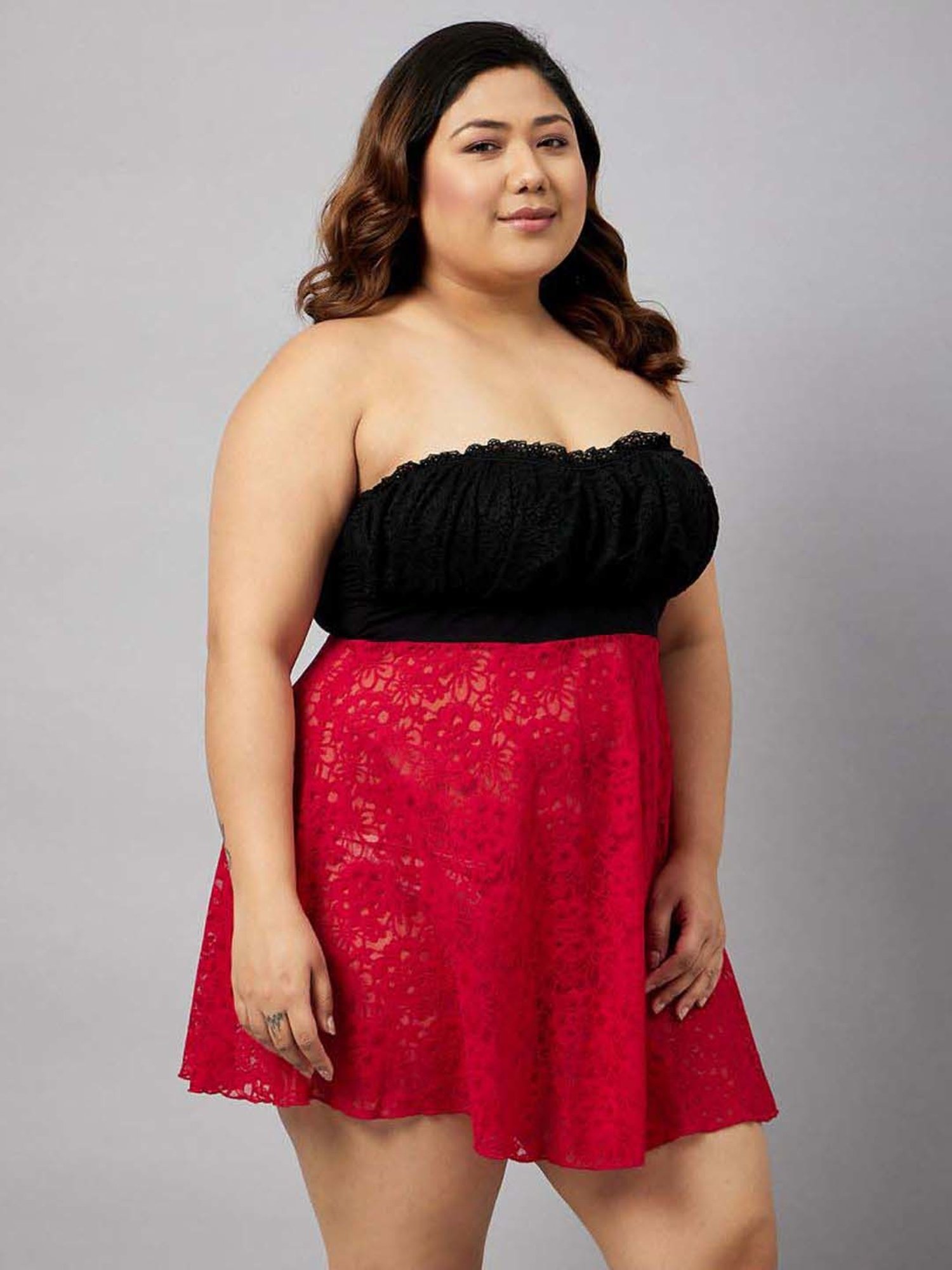 Secrets By ZeroKaata Red & Navy Lace Work Babydoll with Panty - Pack Of 2