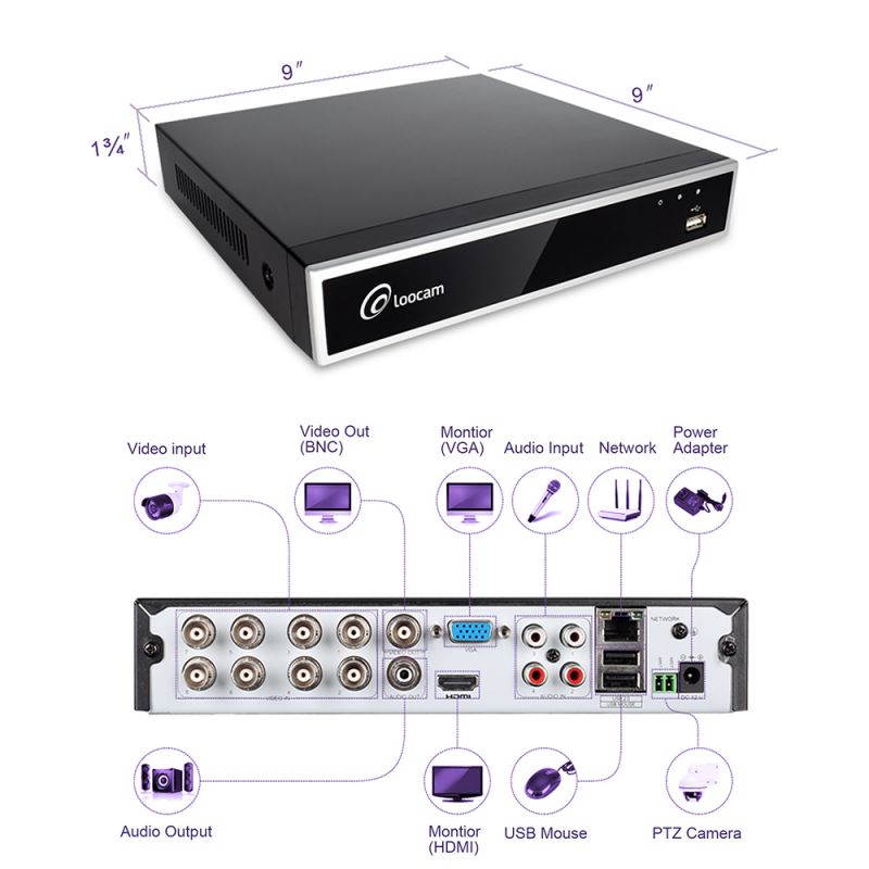 Loocam 8CH H.265+ Security Camera System with 1TB Hard Drive, 1080N Surveillance DVR and 4pcs 1080p 1920TVL Wired CCTV Cameras, IP67 Weatherproof for Indoor Outdoor Use, Motion Alert Remote Access