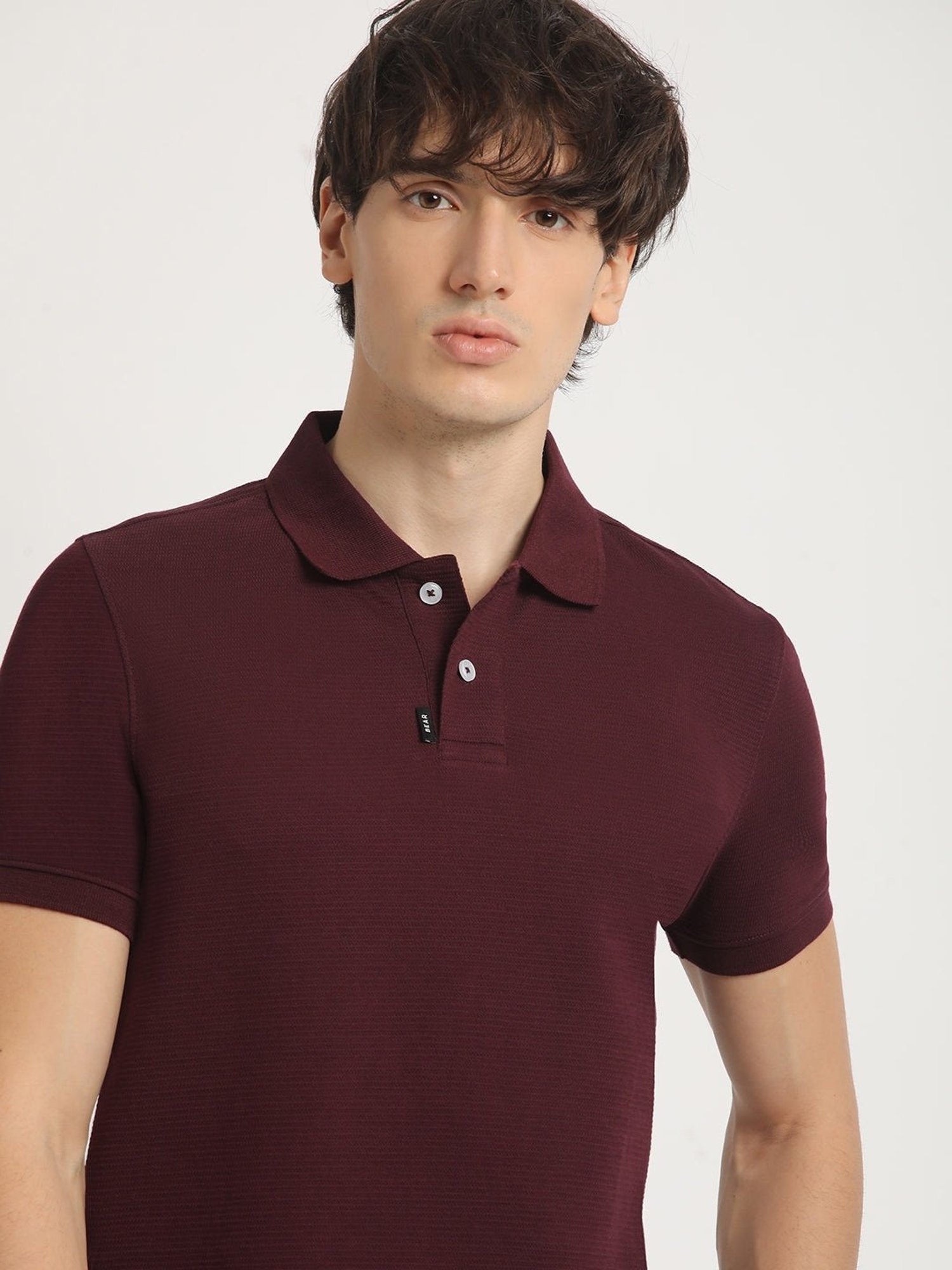 The Bear House Maroon Cotton Regular Fit Self Pattern Polo T-Shirt