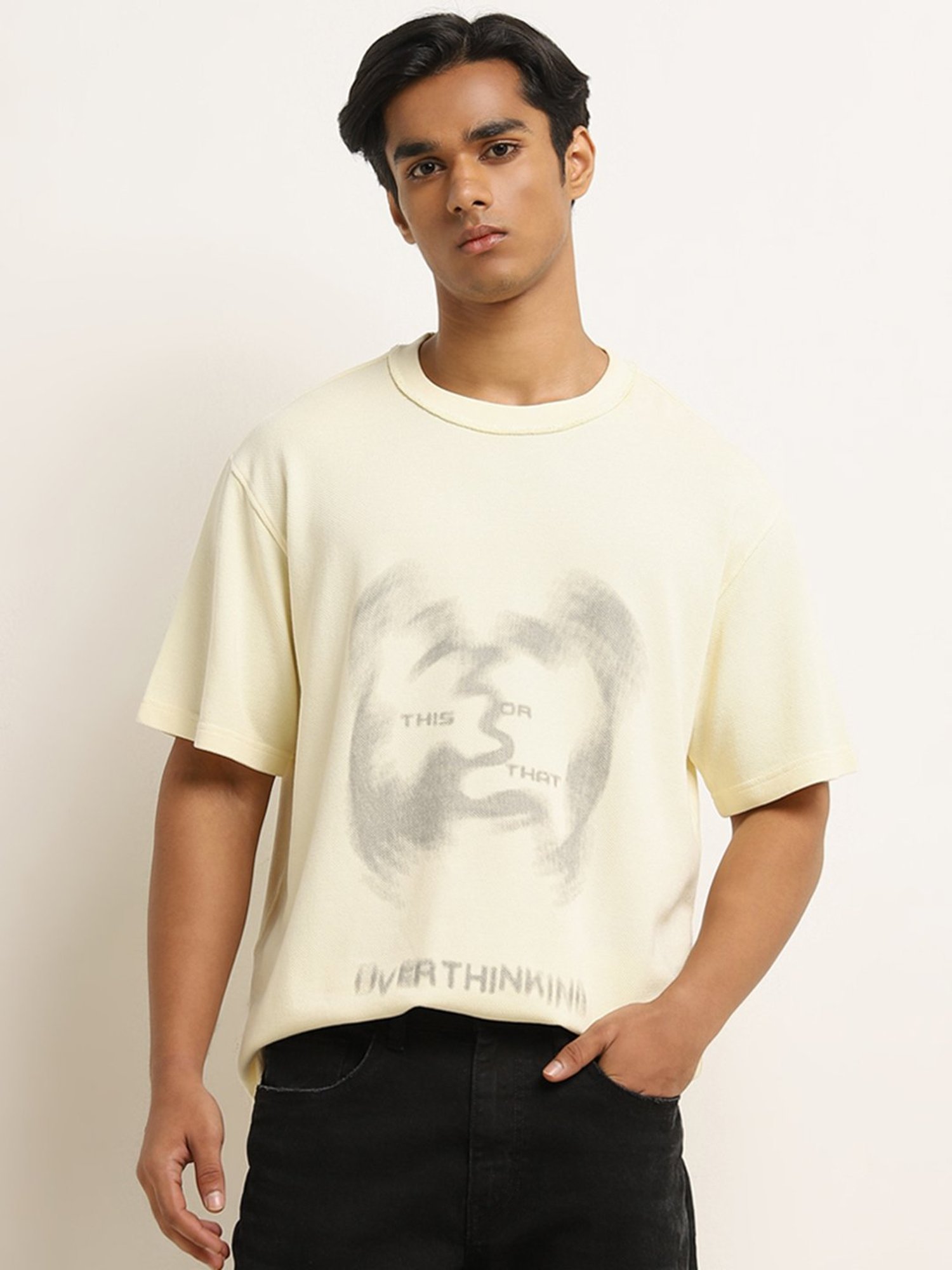 Nuon by Westside Light Yellow Text Print Relaxed-Fit Cotton T-Shirt