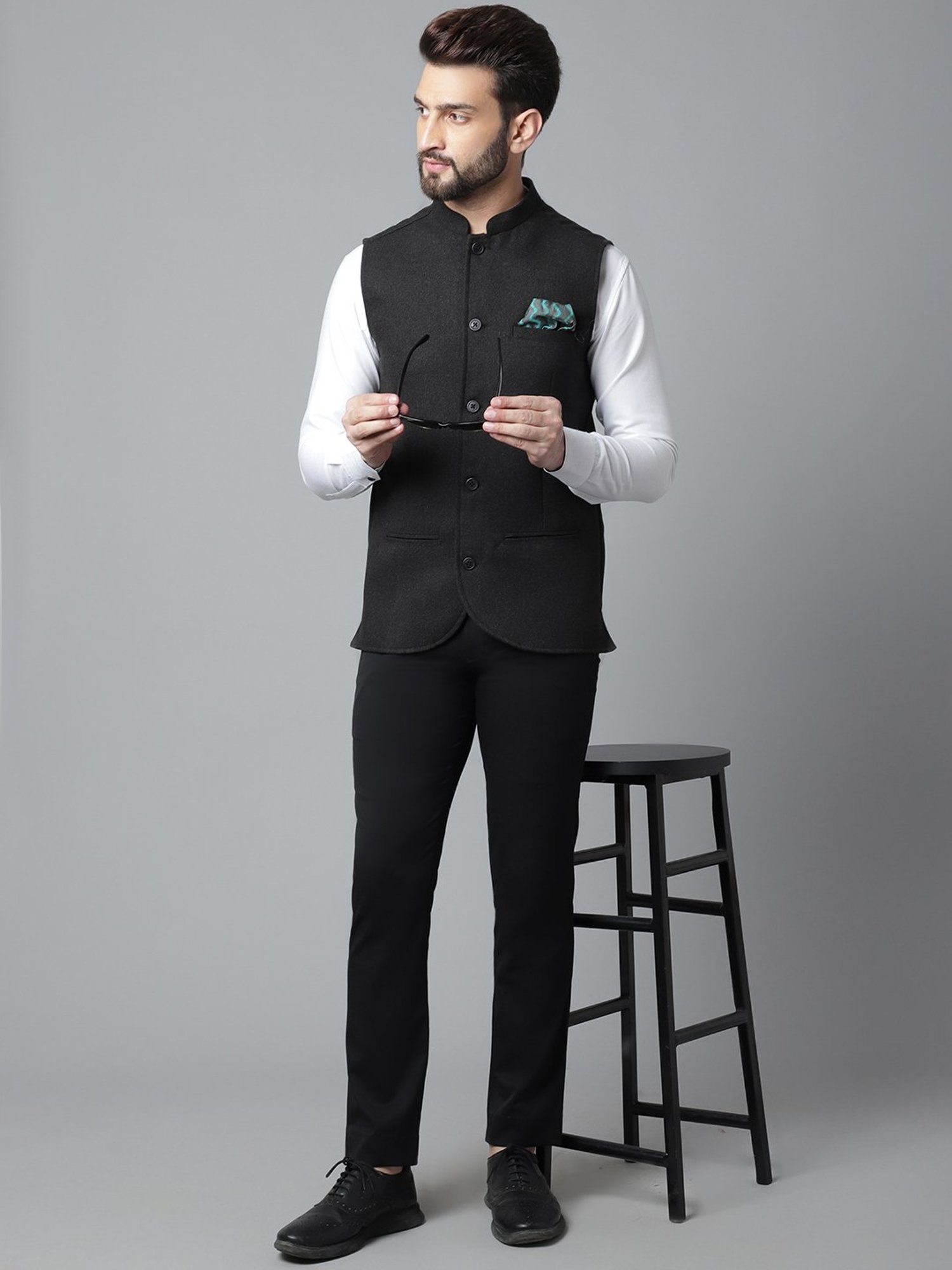 Even Black Regular Fit Mandarin Collar Nehru Jacket