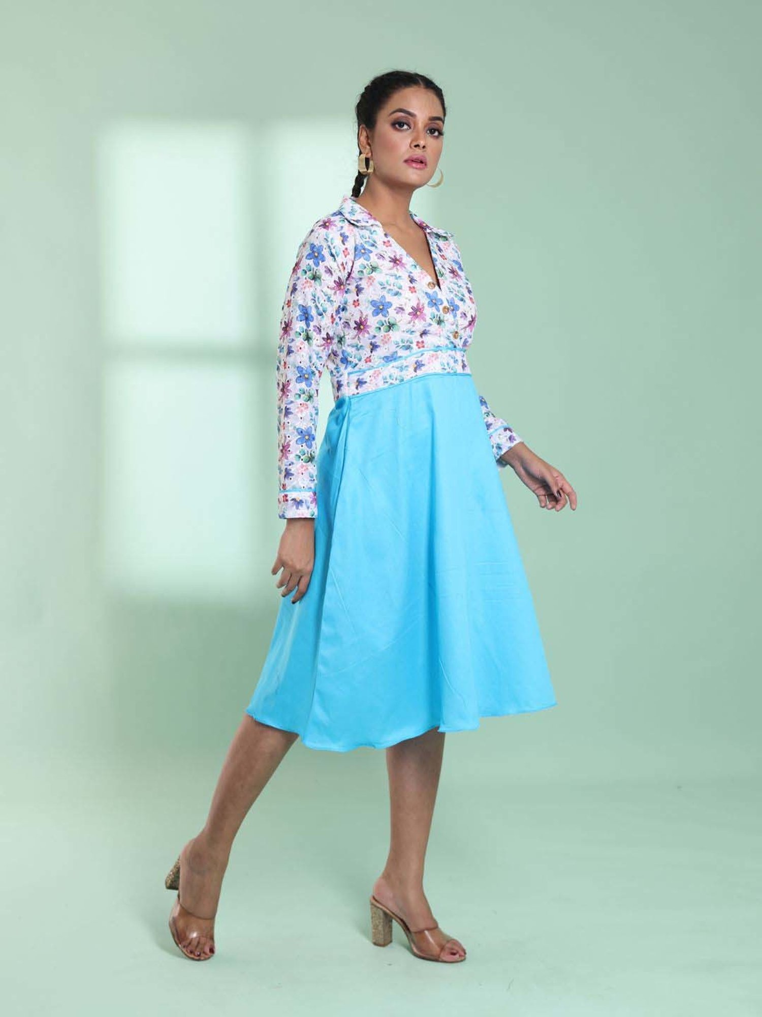 CHARUKRITI Sky Blue & White Cotton Printed A-Line Dress