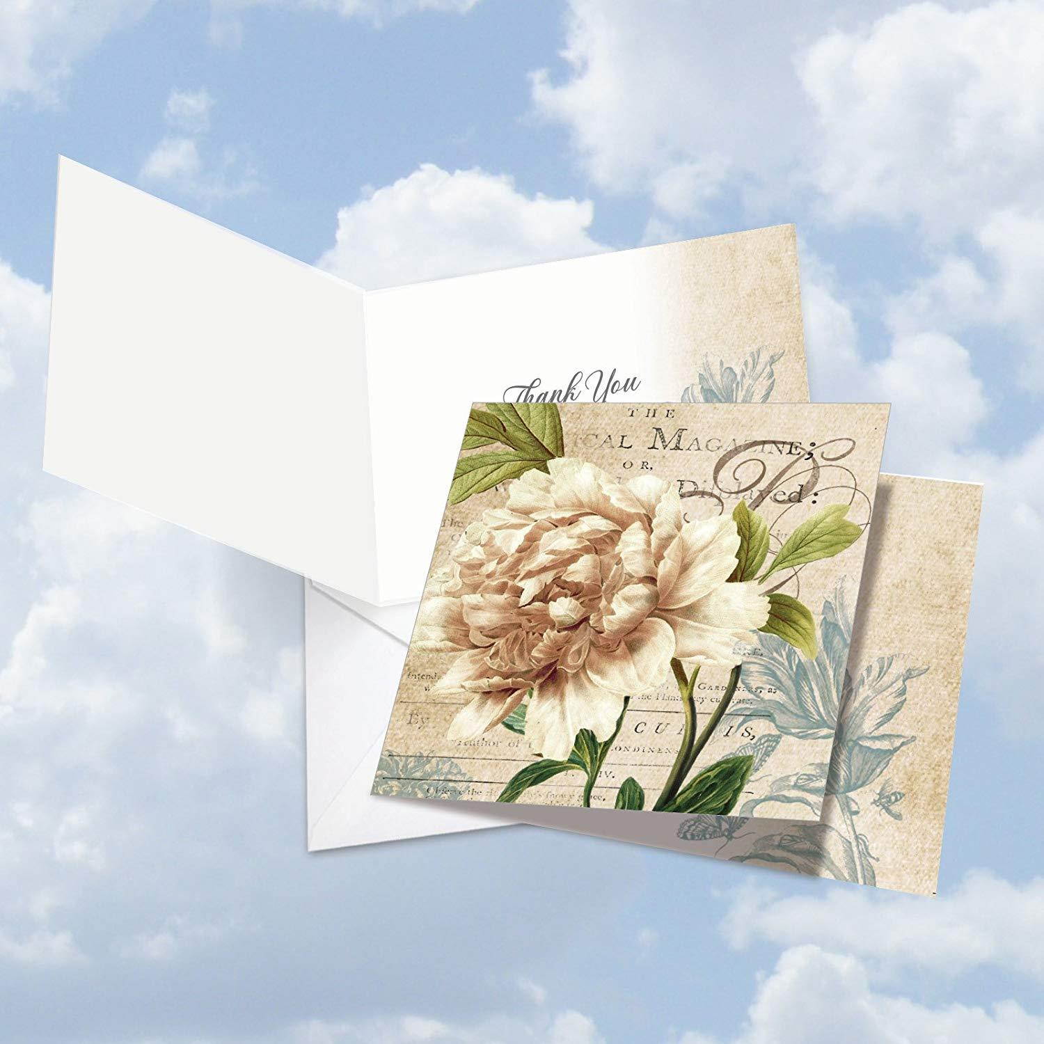 MQ4605TYG-B3x4 Painted Peonies: 12 Assorted 'Square-Top' Thank You Note Cards Featuring Collage Style Floral Images Combined with Printed Background Image with Envelopes.