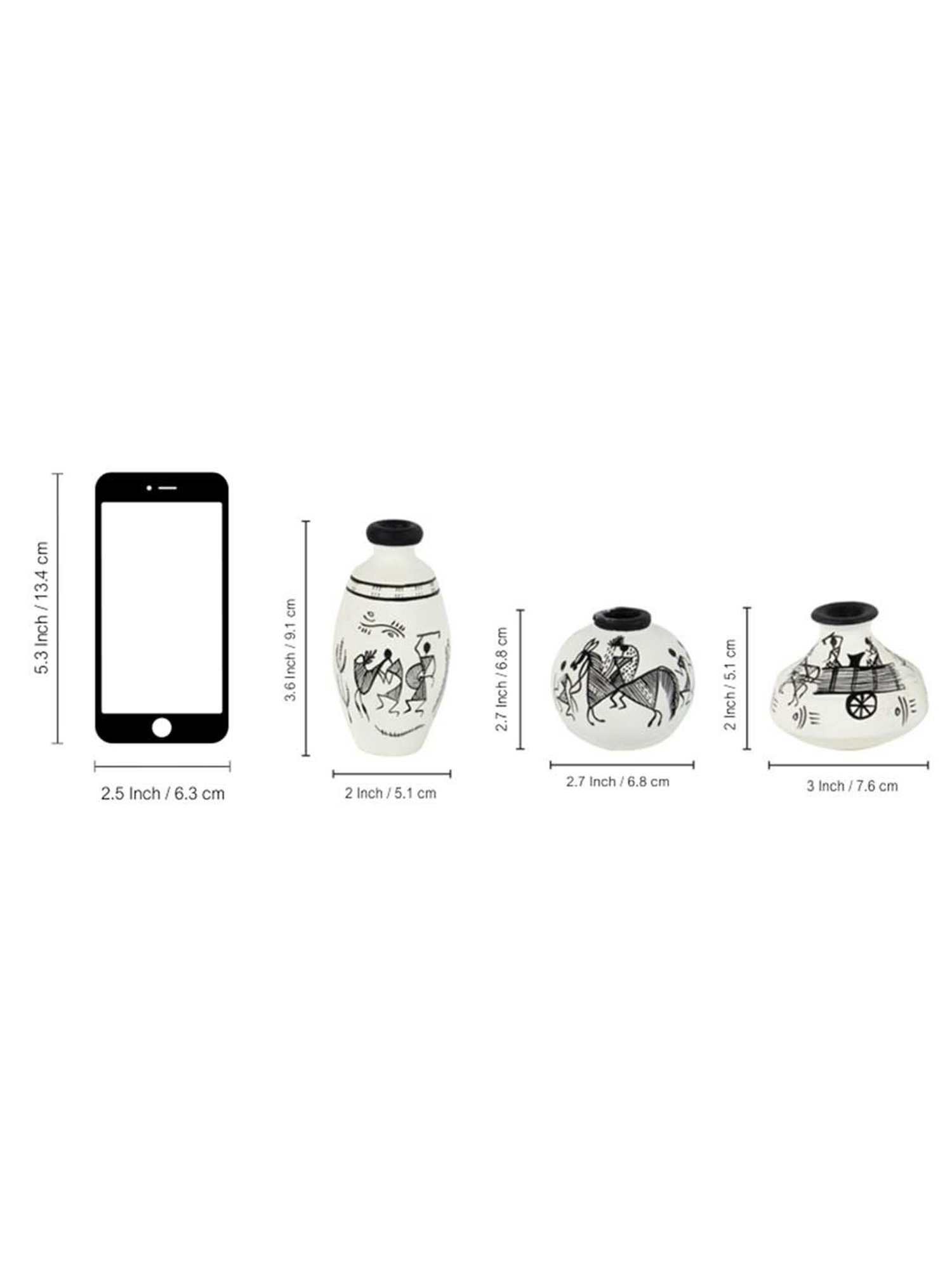 ExclusiveLane Terracotta Warli Handpainted Miniature White Pots Showpieces (Set Of 3)