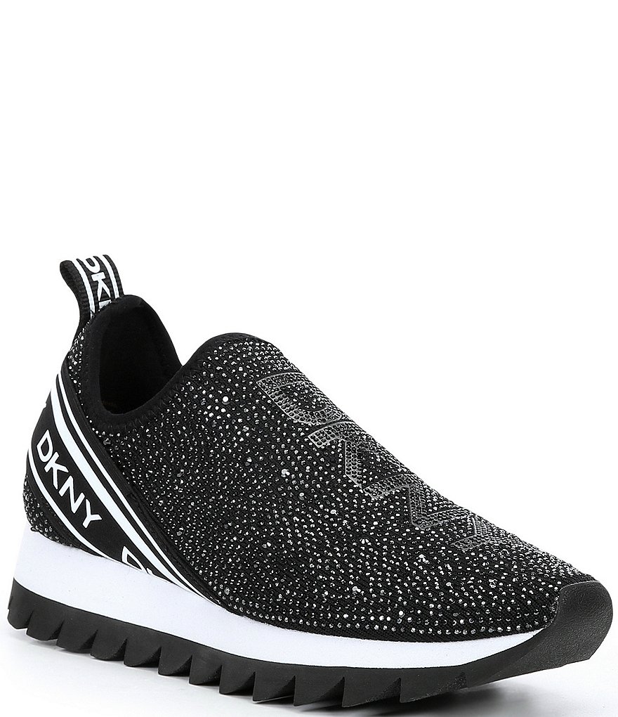 DKNY Annie Rhinestone Logo Knit Slip-On Wedge Sneakers