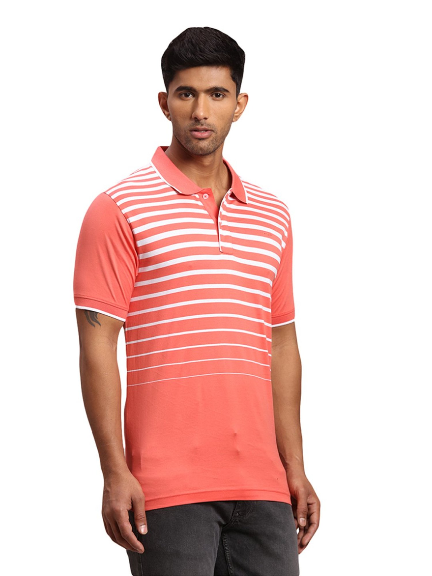 Colorplus Orange Cotton Tailored Fit Striped Polo T-Shirt