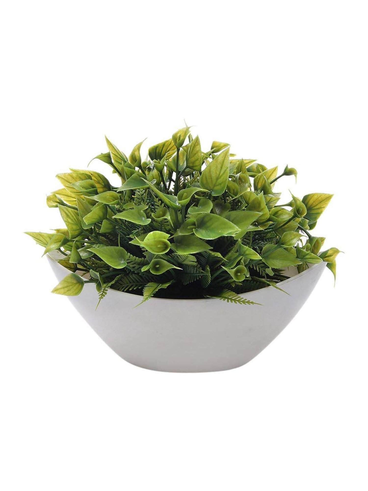Foliyaj Green & White Plastic Artificial Plant With Leaves And Flowers