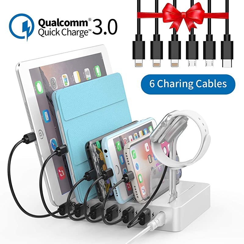Fastest Charging Station with Quick Charge 3.0,  6 Ports Charging Dock Station Organizer for Multiple Devices, iWatch Stand, 6 Phone Charger Cables, for Smartphone, Tablet, Kindle [UL Listed]