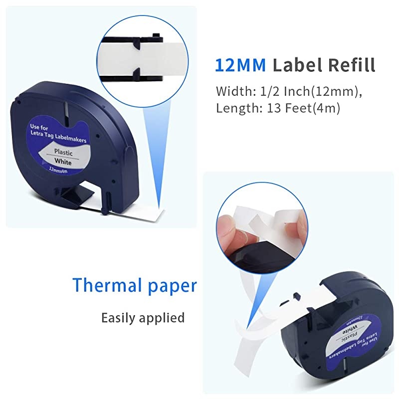 LetraTag Refills 6 Pack for DYMO  3rd Party Accessory LetraTag Labeling Refills for Dymo White Plastic 91331 Replace Label Tape for All DYMO LT100H LT100T QX50 12Inchx13Feet 12mm x 4m