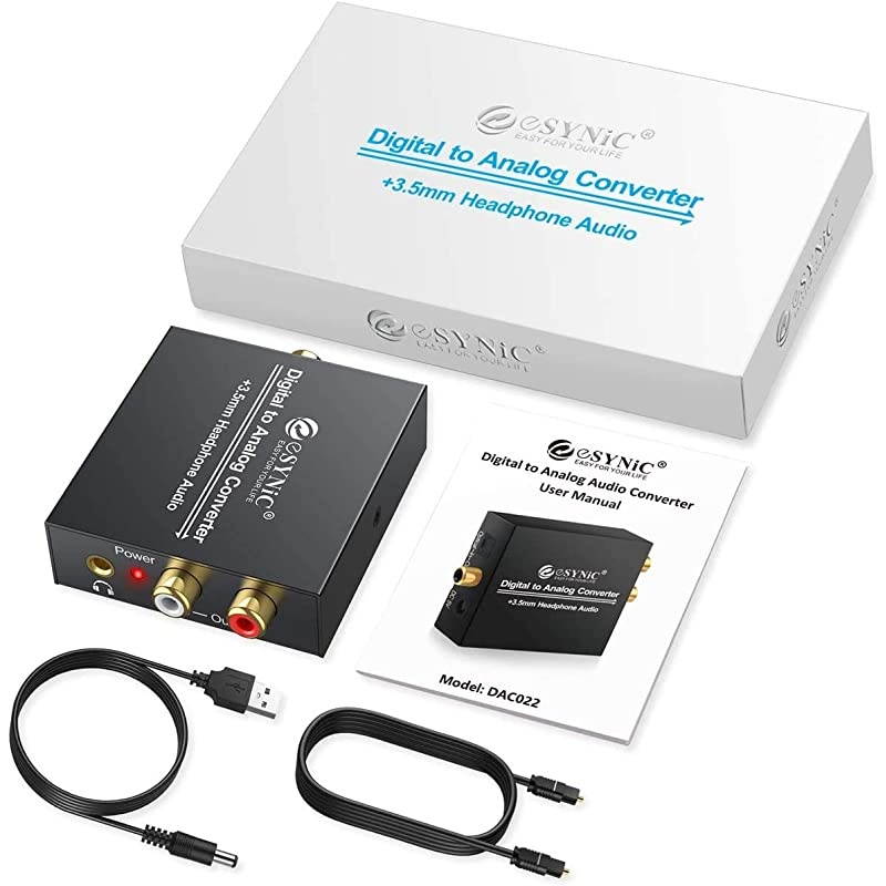 DAC Digital to Analog Audio Converter Digital Optical SPDIF Coaxial to Analog LR RCA Converter Toslink to 35mm Jack Audio Adapter with 1m Optical Cable for HDTV Blu Ray HD DVD Apple TV