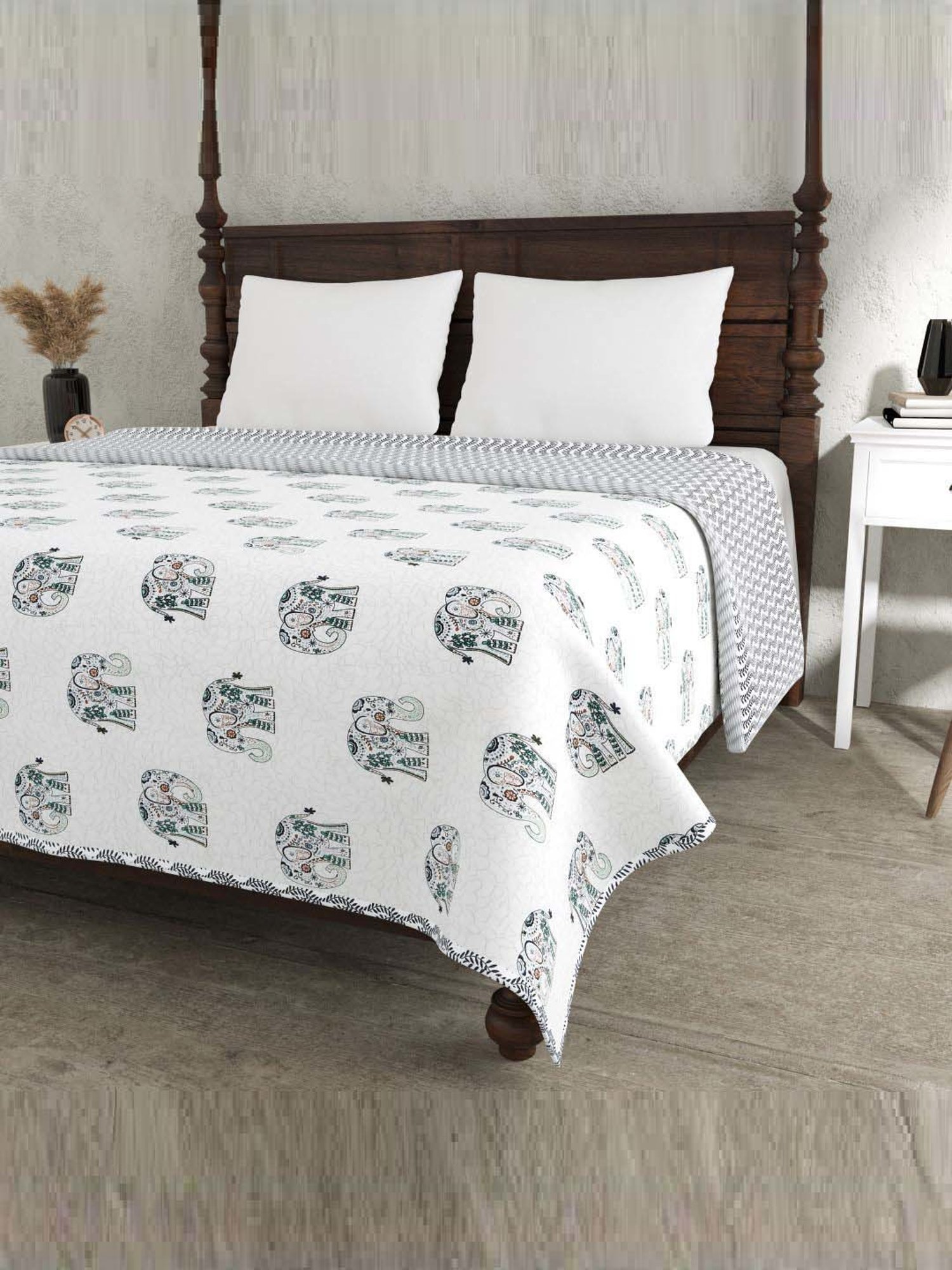 Haus & Kinder Cambric Floral Green & Yellow Cotton Single Reversible Dohar