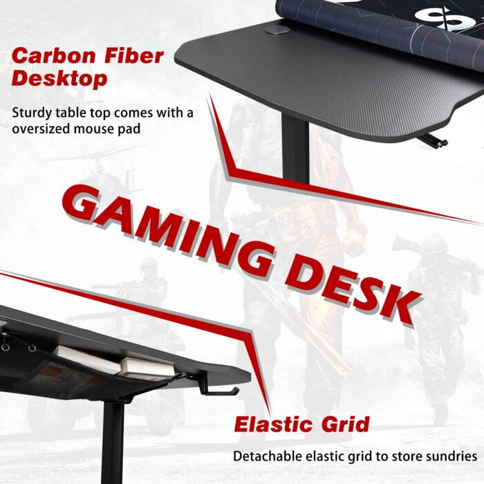 Homall 60 Inch Gaming Desk PC Computer Desk Large Desktop Home Office Table T-shaped Frame Gamer Workstation with Full Desk Mouse Pad, Gaming Handle Rack, Cup Holder and Head Set Rack (Black)