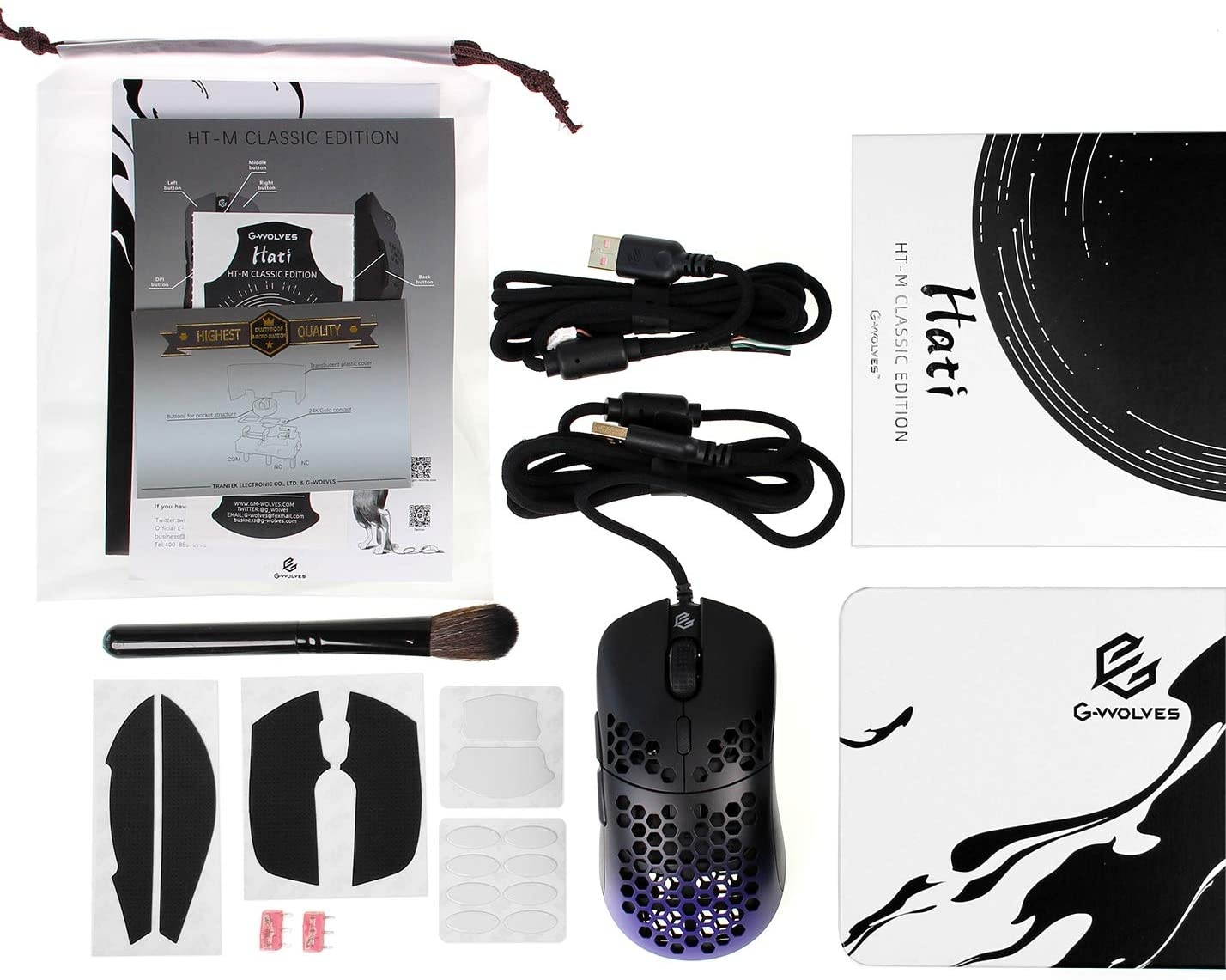 Gwolves Hati HTM Ultra Lightweight Honeycomb Design Wired Gaming Mouse 3360 Sensor - PTFE Skates - 6 Buttons - Only 61G (Black/Purple)