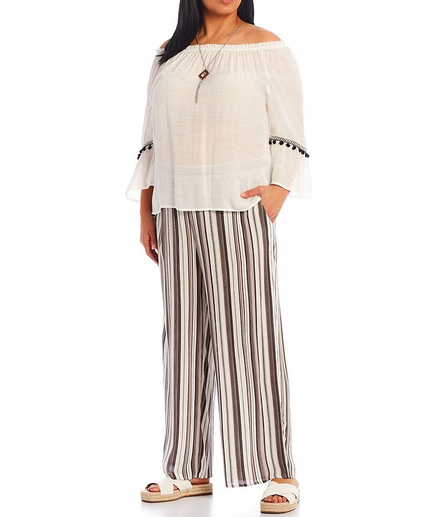 I.N. Studio Plus Size Stripe Print Crepon Pull-On Wide Leg Pants