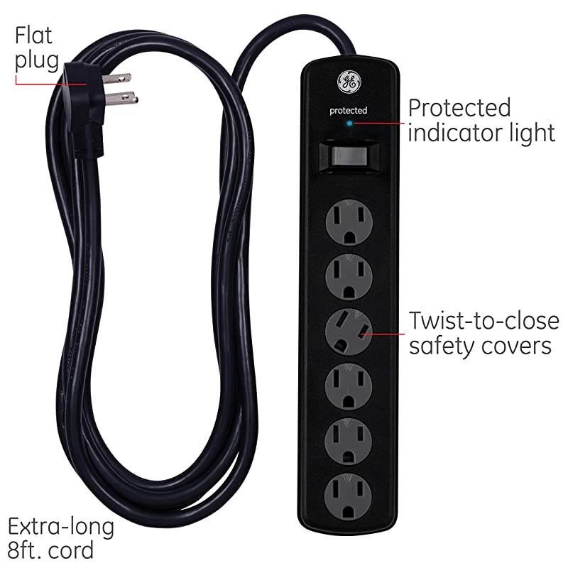 UL Listed, Black, 6 Outlet Sur Protector, 8 Ft Extension Cord, Power Strip, 1300 Joules, Twist-To-Close Safety Covers, 33662, 8 ft, 8 Ft