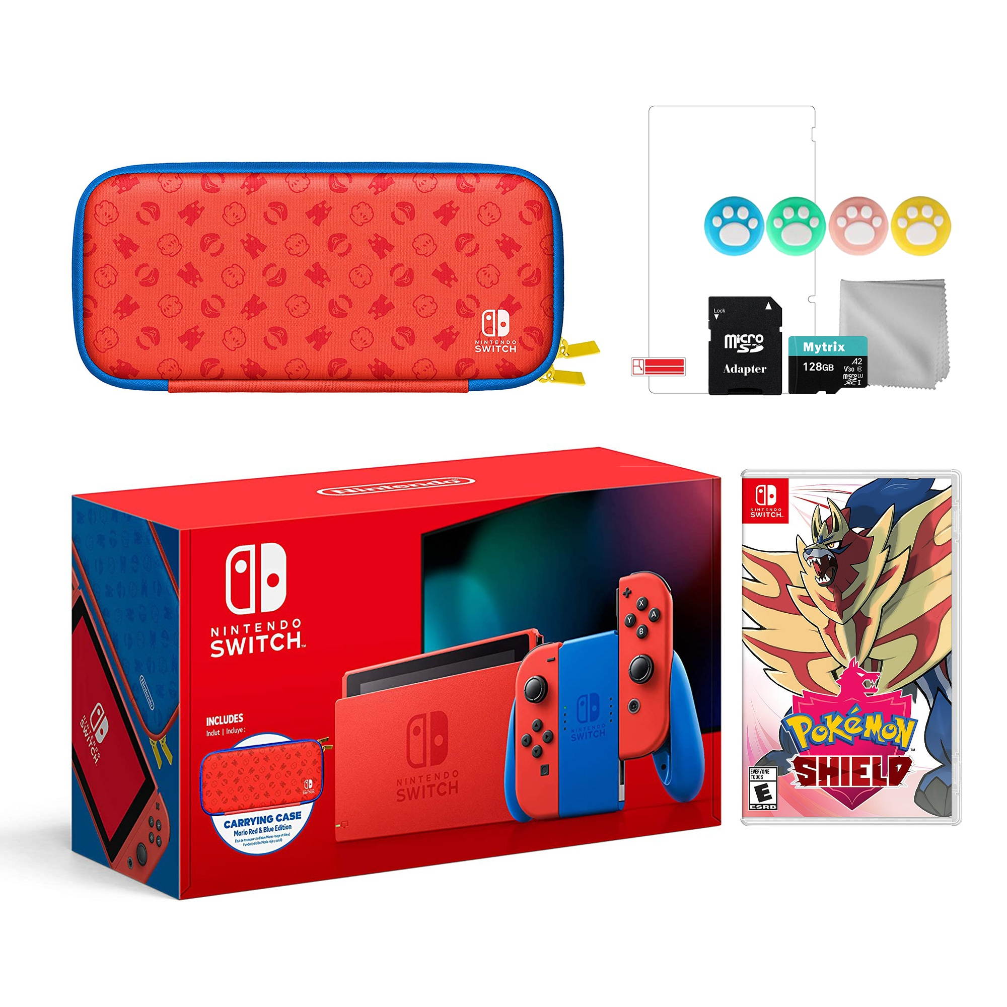 2021 New Nintendo Switch Mario Red & Blue Limited Edition with Mario Iconography Carrying Case and Screen Protector Bundle With Pokemon Shield And Mytrix Accessories