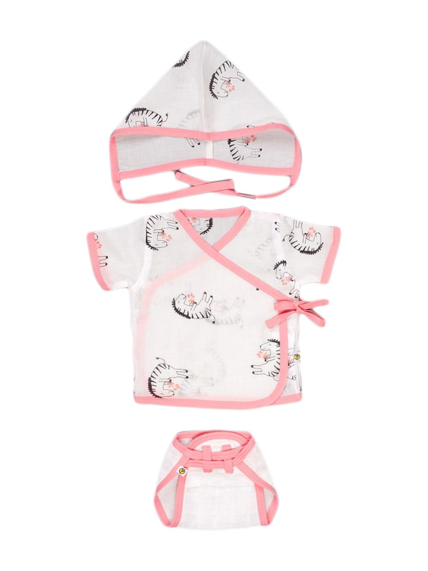 Pranava Kids White & Pink Cotton Animals AOP Printed Zabla Langot Set