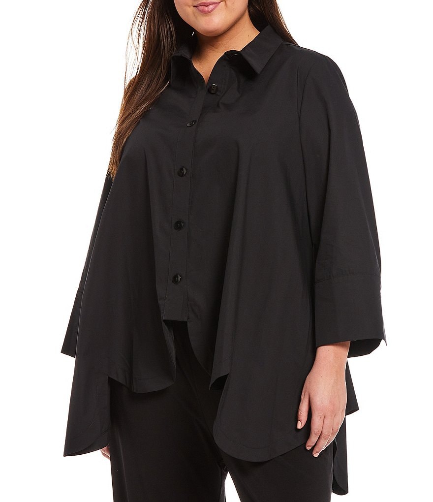 IC Collection Plus Size Scallop Hem Button Front Point Collar Neck Bracelet 3/4 Sleeve Blouse