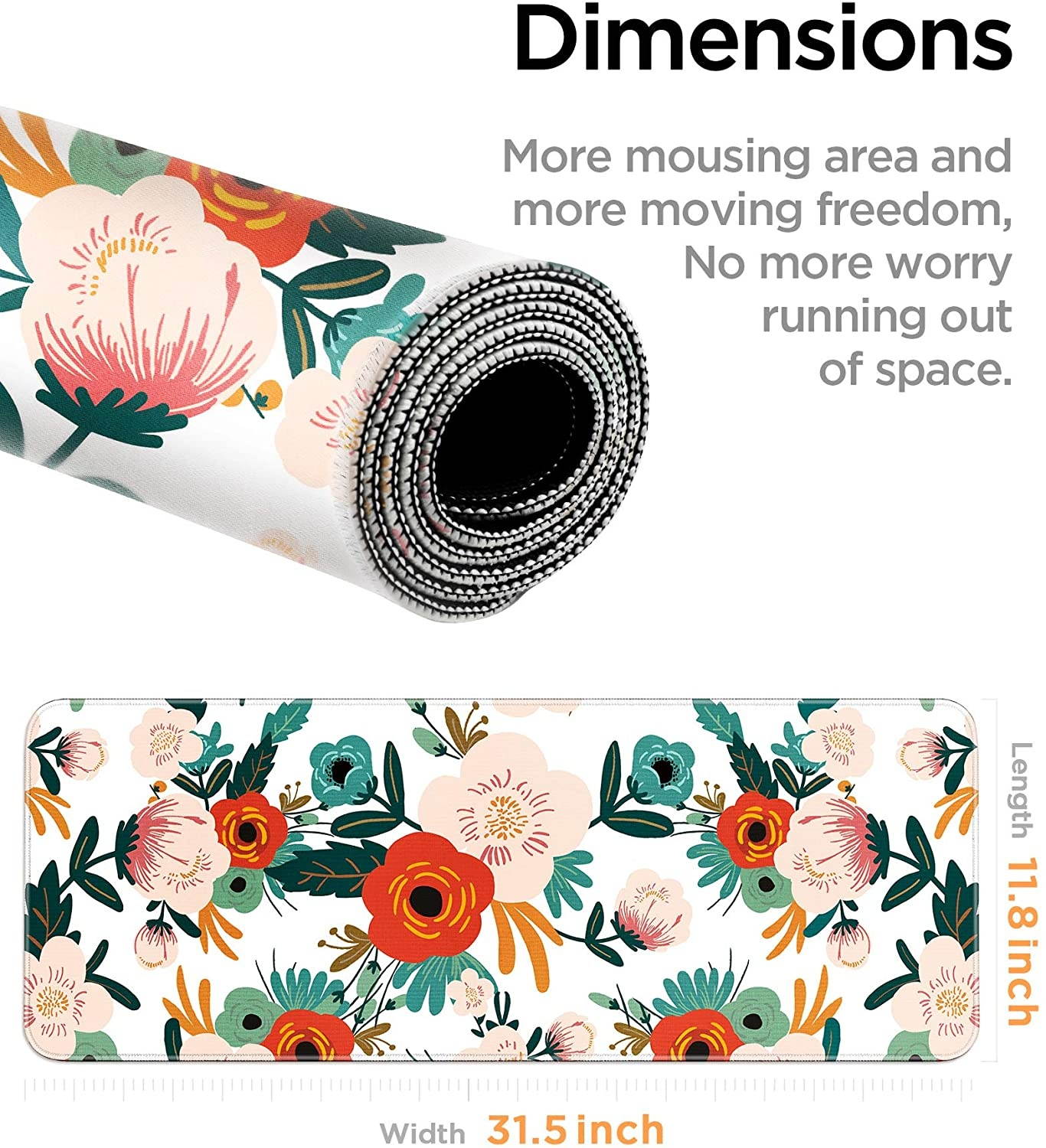 YOOMAS Extra Large Gaming Mouse Pad Extended Protective Desk Mat Keyboard Pad Non-Slip Rubber Base with Stitched Edges & Floral Print for Game Work 11.81 x 31.5 inch Flowering/Reseda Green