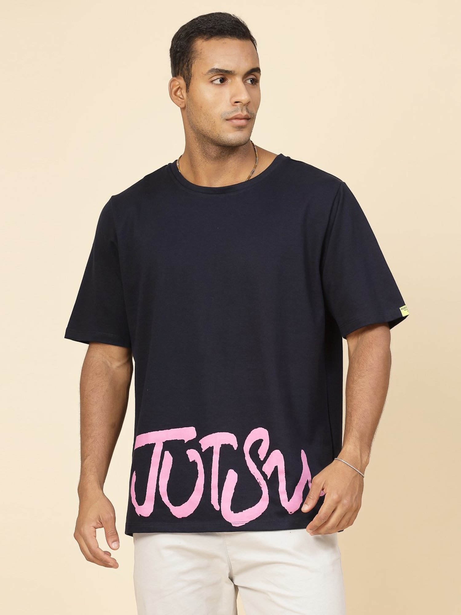 Rigo Navy Cotton Loose Fit Typography T-Shirt