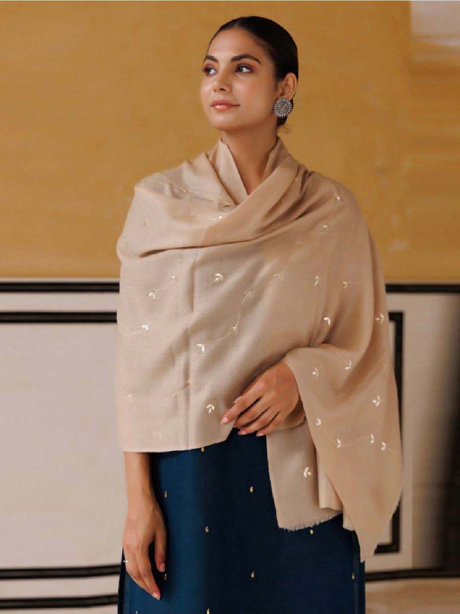 Geroo Jaipur Beige Hand Embroidered Gota Patti Woolen Shawl