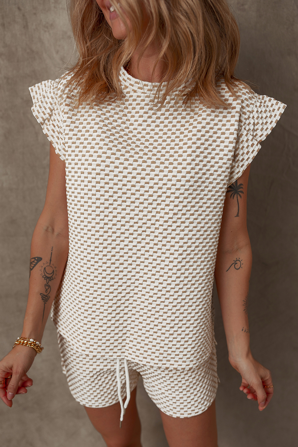 Skobeloff Textured Ruffle Split Top and Drawstring Shorts Set