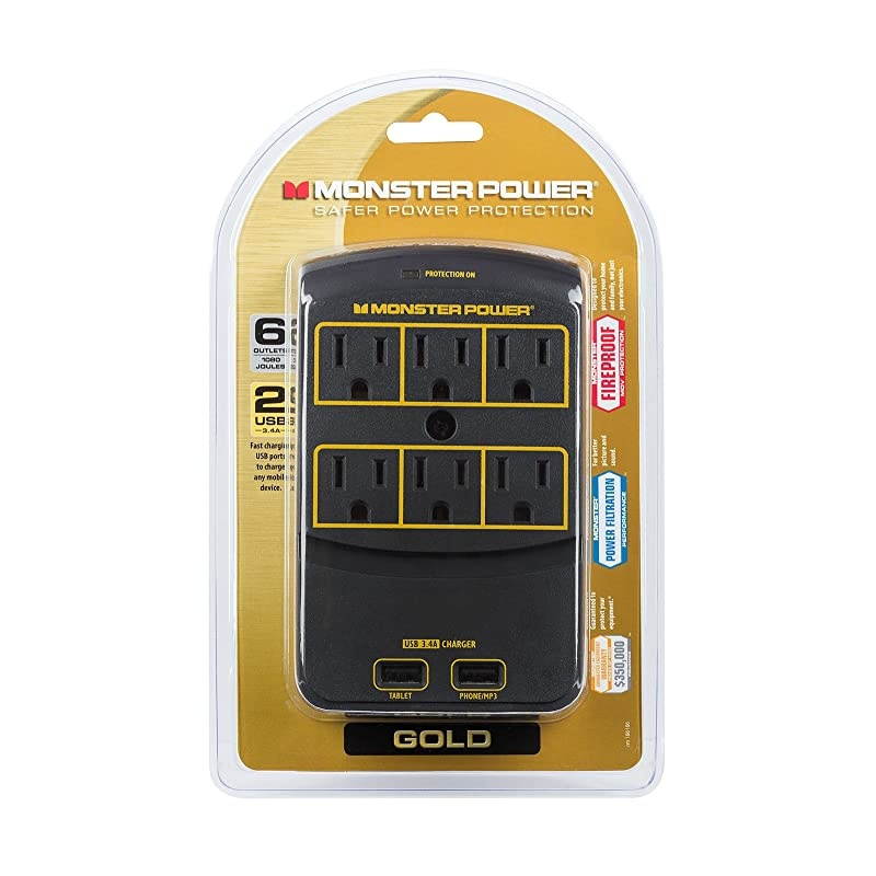 Power - Gold 650 USB+, 6 AC Outlets, 2 USB 3.4AMP outlets, 1080 Joules, and FireProof MOV