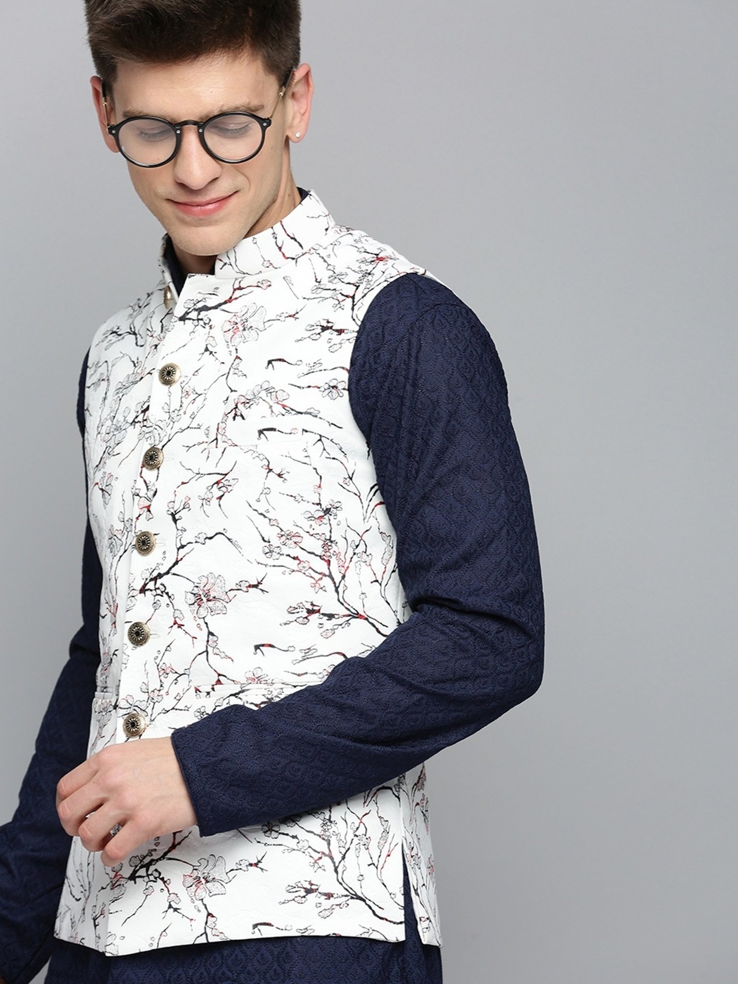 Showoff White Regular Fit Printed Nehru Jacket