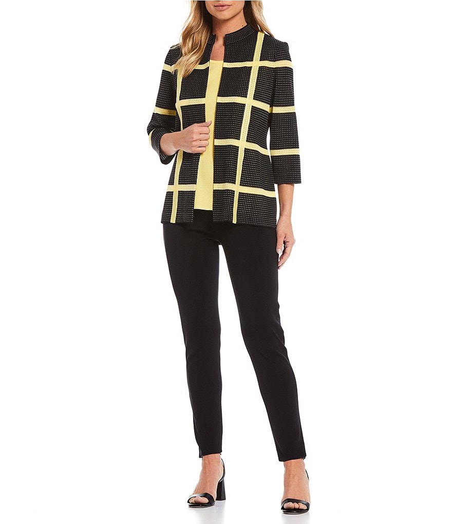 Misook 3/4 Sleeve Wide Plaid Funnel Neck Jacket