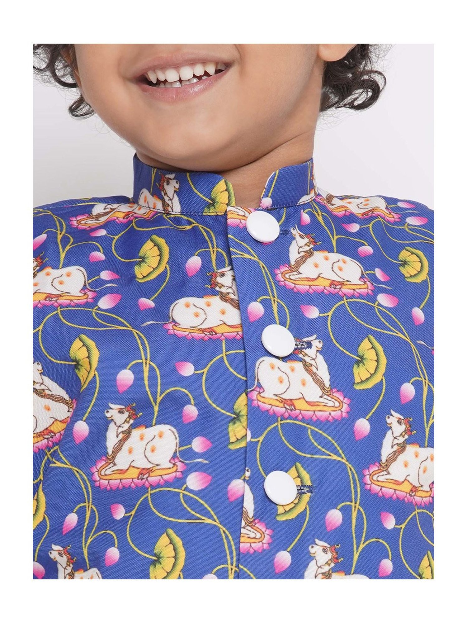 Little Bansi Kids Blue & White Printed Full Sleeves Kurta, Dhoti with Jacket