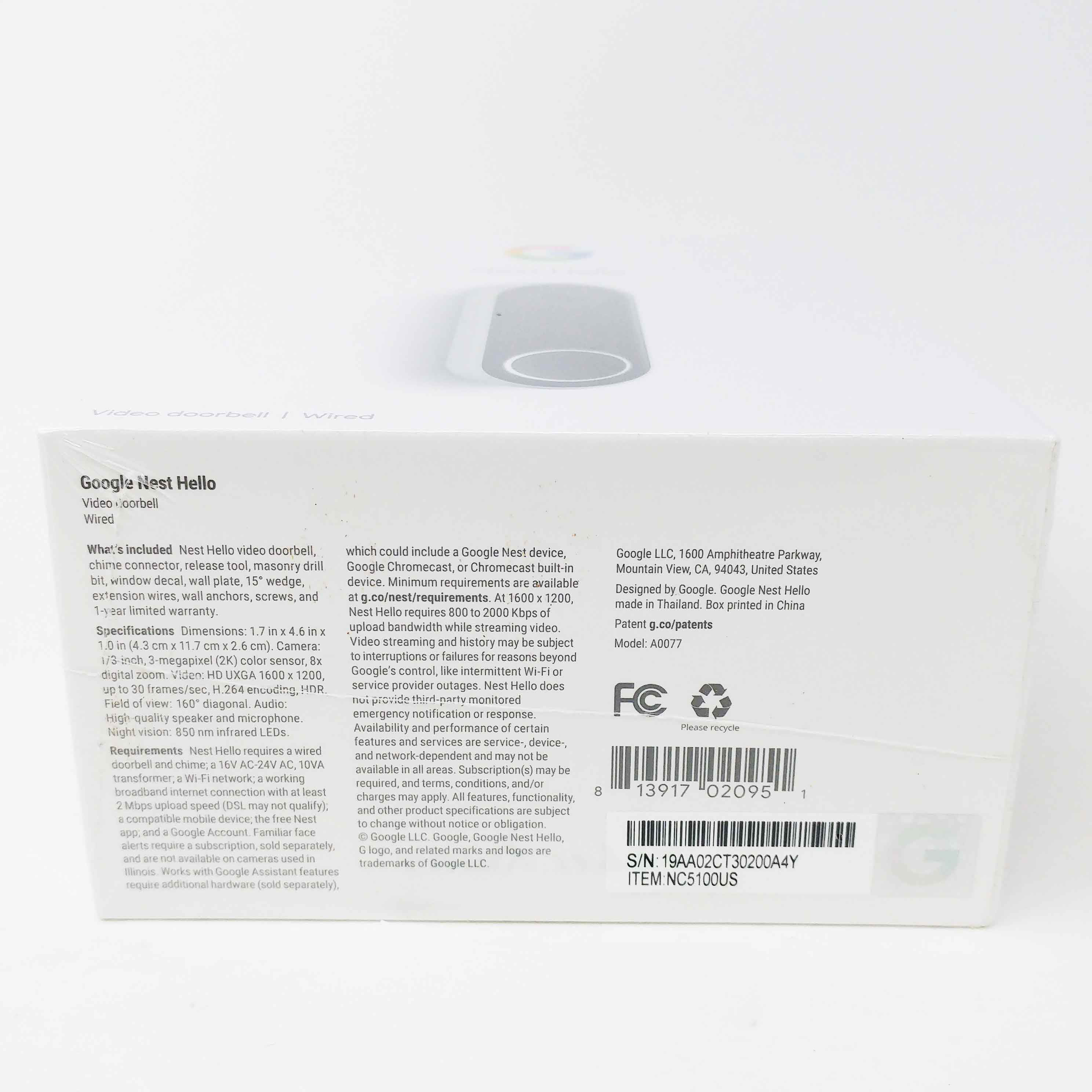 Nest Hello Smart Wi-Fi Video Doorbell (NC5100US) with 1-Year Warranty - HD Video, Night Streaming, 24/7 Streaming, HDR, Quiet Time and Wi-Fi Connectivity - White