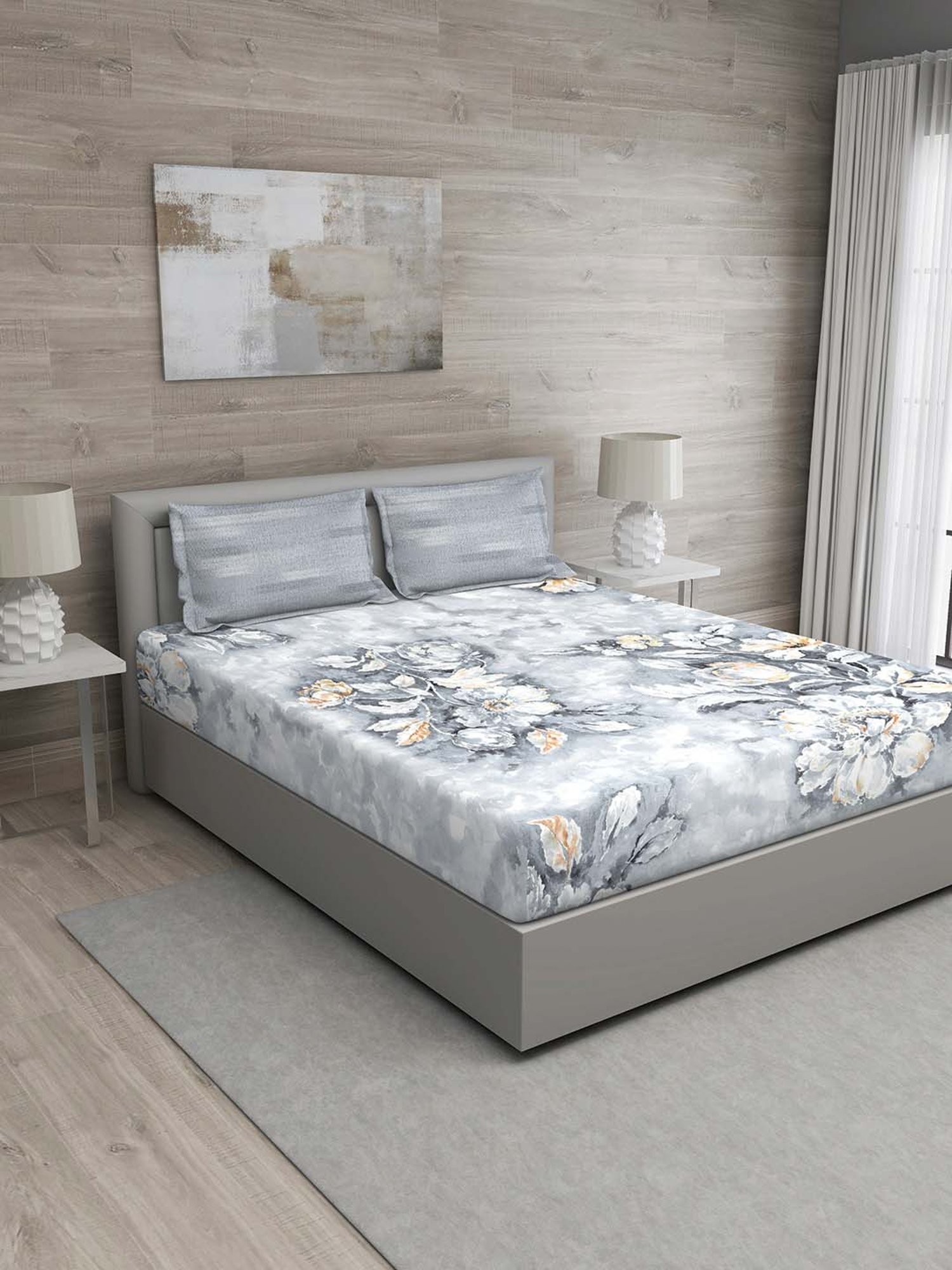 GM Grey & Orange 100% Cotton 144 TC Queen Bedsheet Set