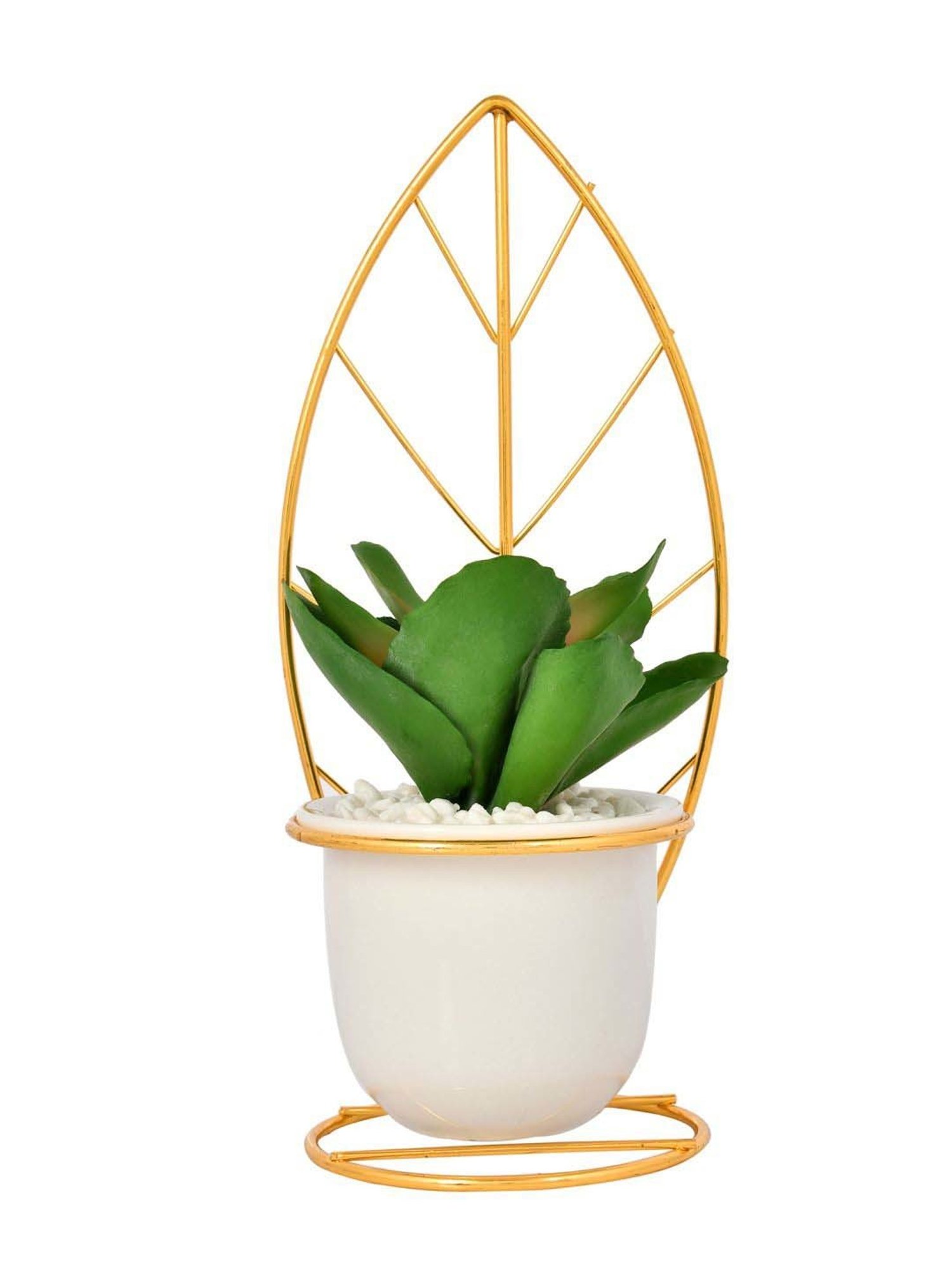 Tayhaa White & Golden Ceramic Leafy Artificial Plant With Pot