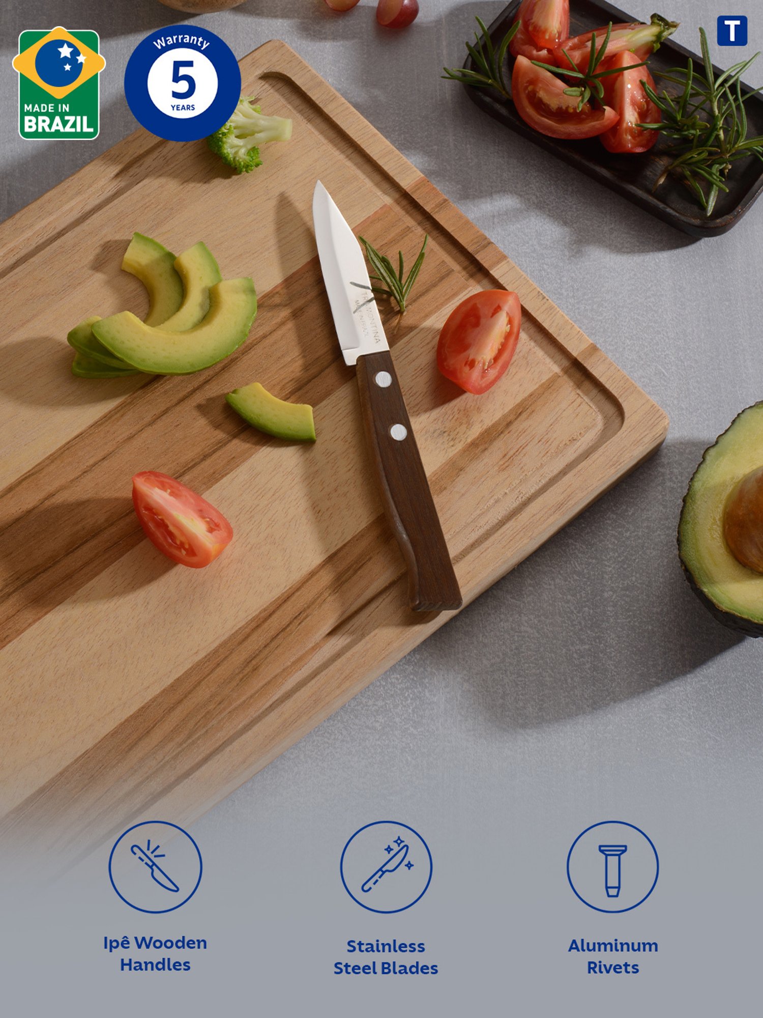 Tramontina Tradicional Stainless Steel Vegetable & Fruit Knife 3" Plain edge Brazilian Wood Handle