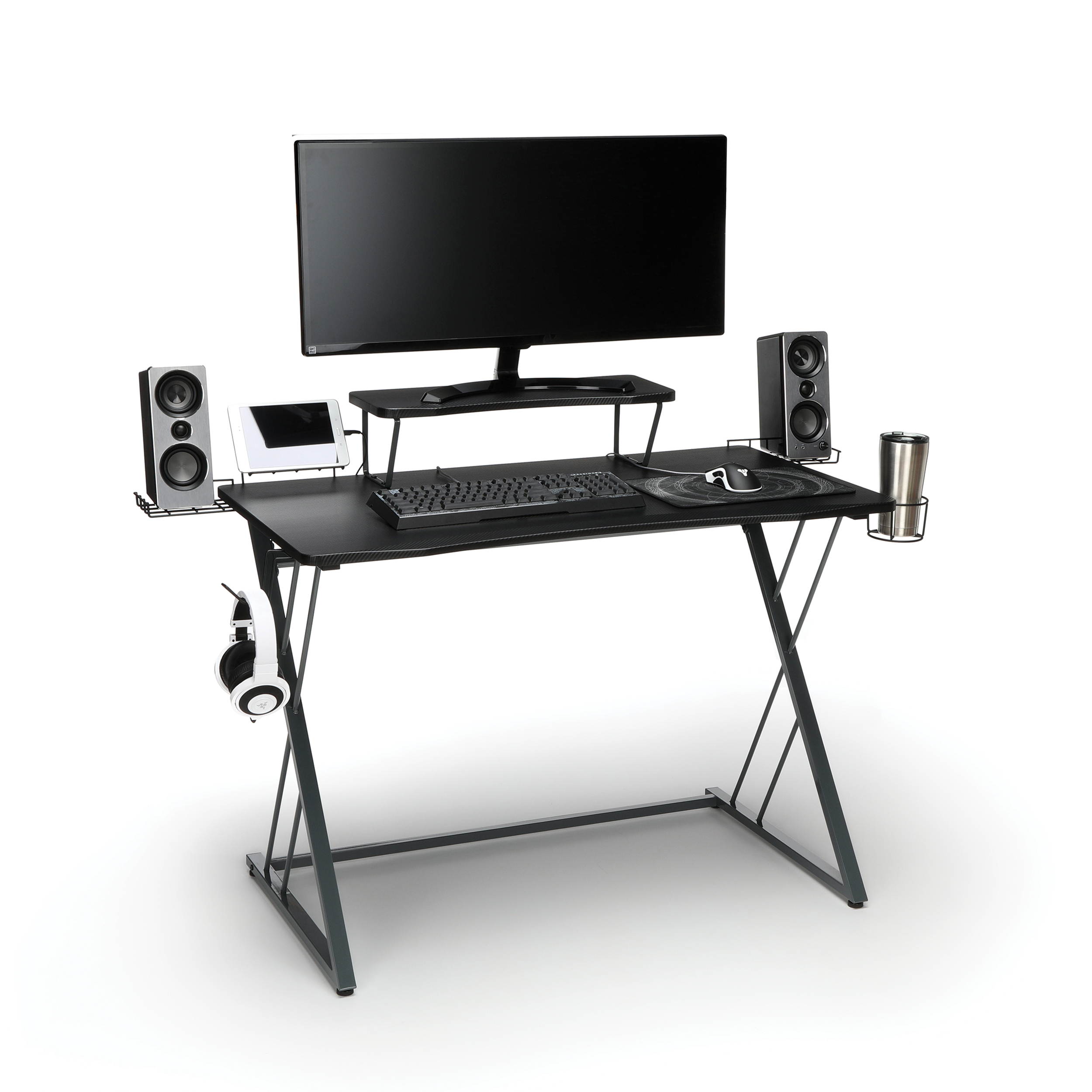 OFM Essentials Collection 55" Gaming Computer Desk, 35" Monitor Shelf, Z-Base, in Gray/Black (ESS-1101-GRY-BLK)